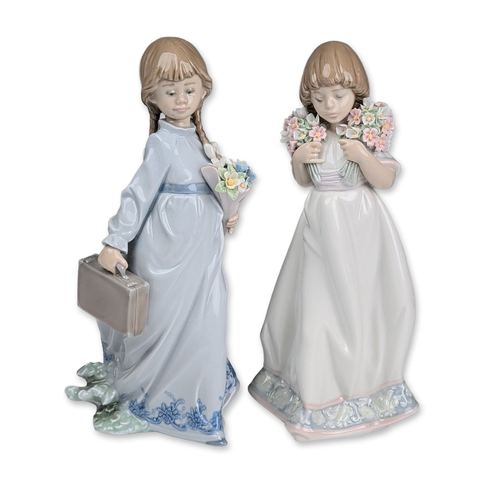 2pc Lladro Porcelain Figurines, School Days 01007604 and Spring Bouquets 01007603 (1 of 4)