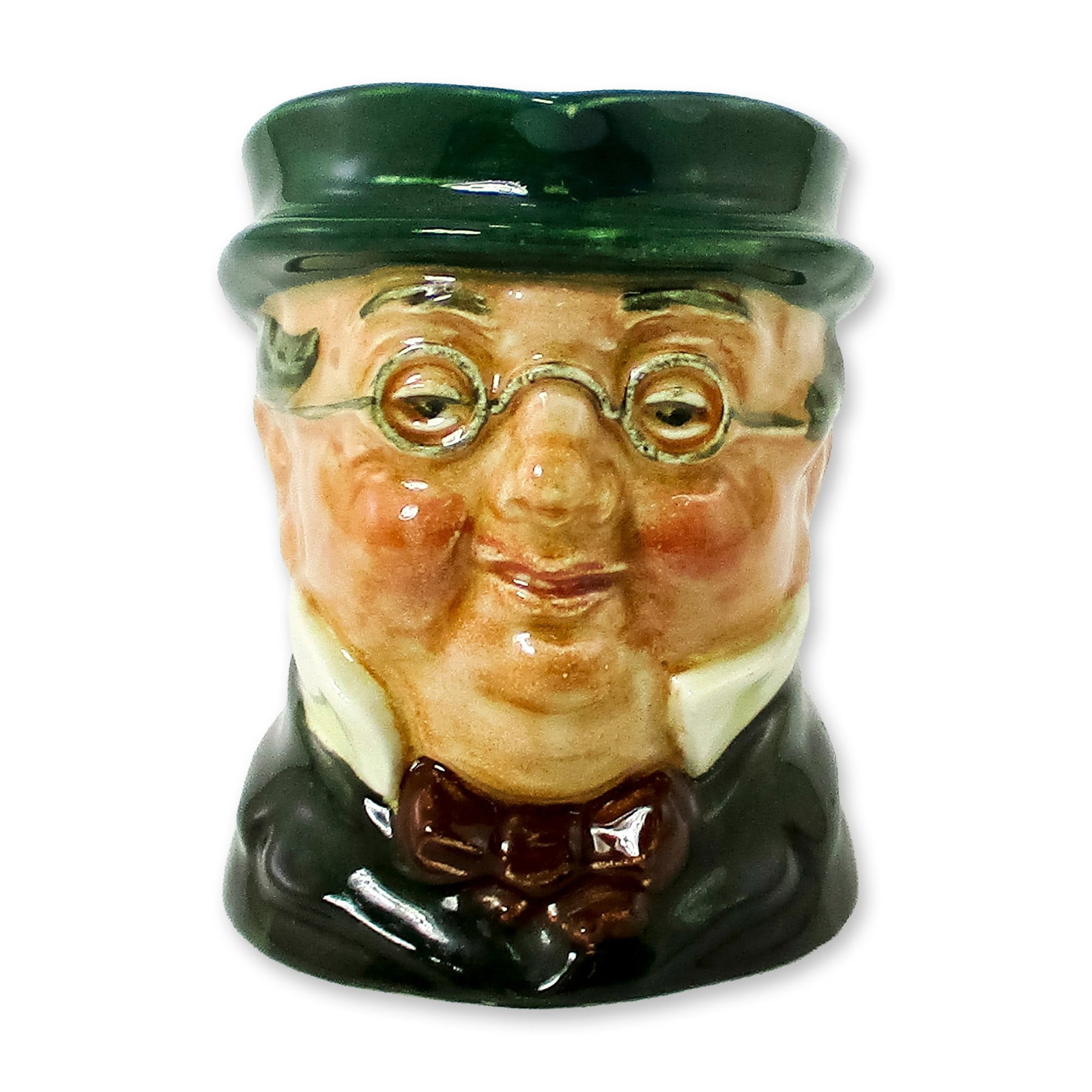 Mr Pickwick D5839 - Small - Royal Doulton Character Jug: Green hat and coat; maroon bow tie. Founder and chairman of the Pickwick Club, this gentleman is the elegant and genial hero of Charles Dickens' "The Posthumous Papers of the Pickwick Club," first pub