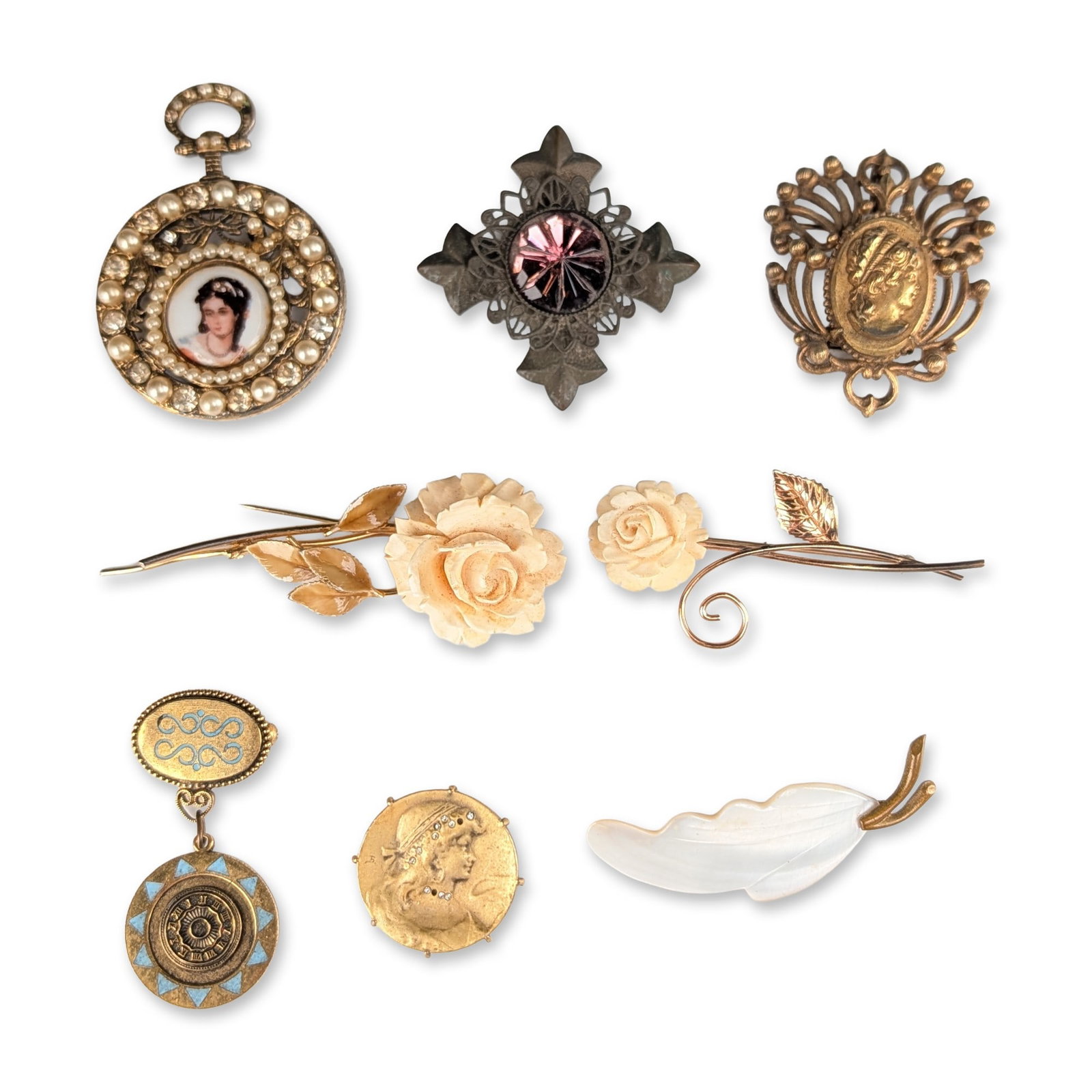 Collection of Eight Vintage Costume Jewelry Brooches: Collection of eight vintage costume jewelry brooches including signed examples by Florenza and Alva. The group features a French brooch and pendant in gold-tone metal with a central hand-painted porce