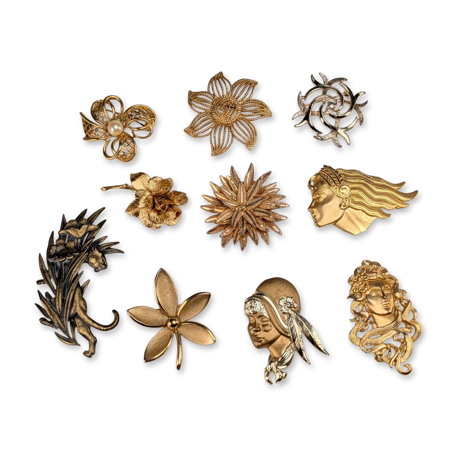 10pc Collection of Vintage Gold-Tone and Silver-Tone Brooches (1 of 5)