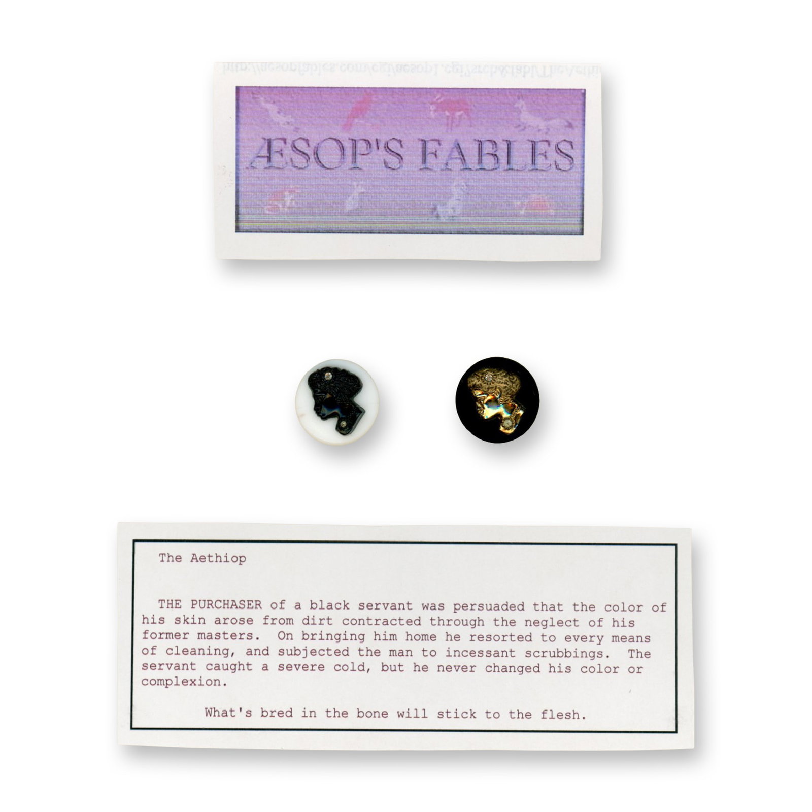 A CARD OF DIVISION 1 WHITE GLASS & BLACK GLASS BUTTONS: 2 Medium size glass buttons depicting Sissieretta Jones This profile of the famous American Soprano is shown here with black glass on white glass and gold luster on black glass. Both with paste OME, o