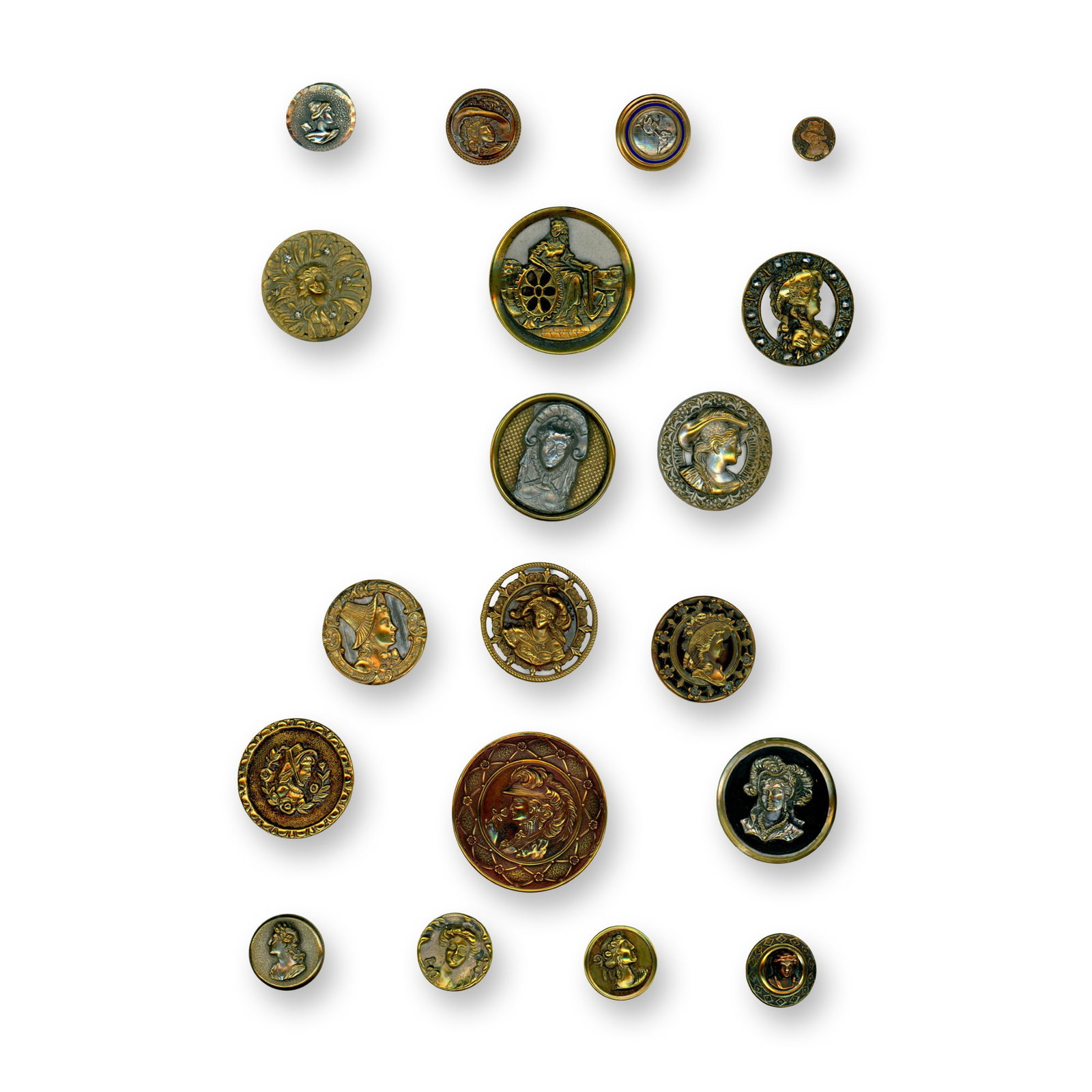 A CARD OF DIVISION ONE ASSORTED METAL PICTORIAL BUTTONS: 19 medium/large 19th century examples specialized to women. Here is a nice selection of pictorial metal women buttons including identifiable examples. Dimensions: SM=Less than 3/4", Medium=3/4" to 1 1