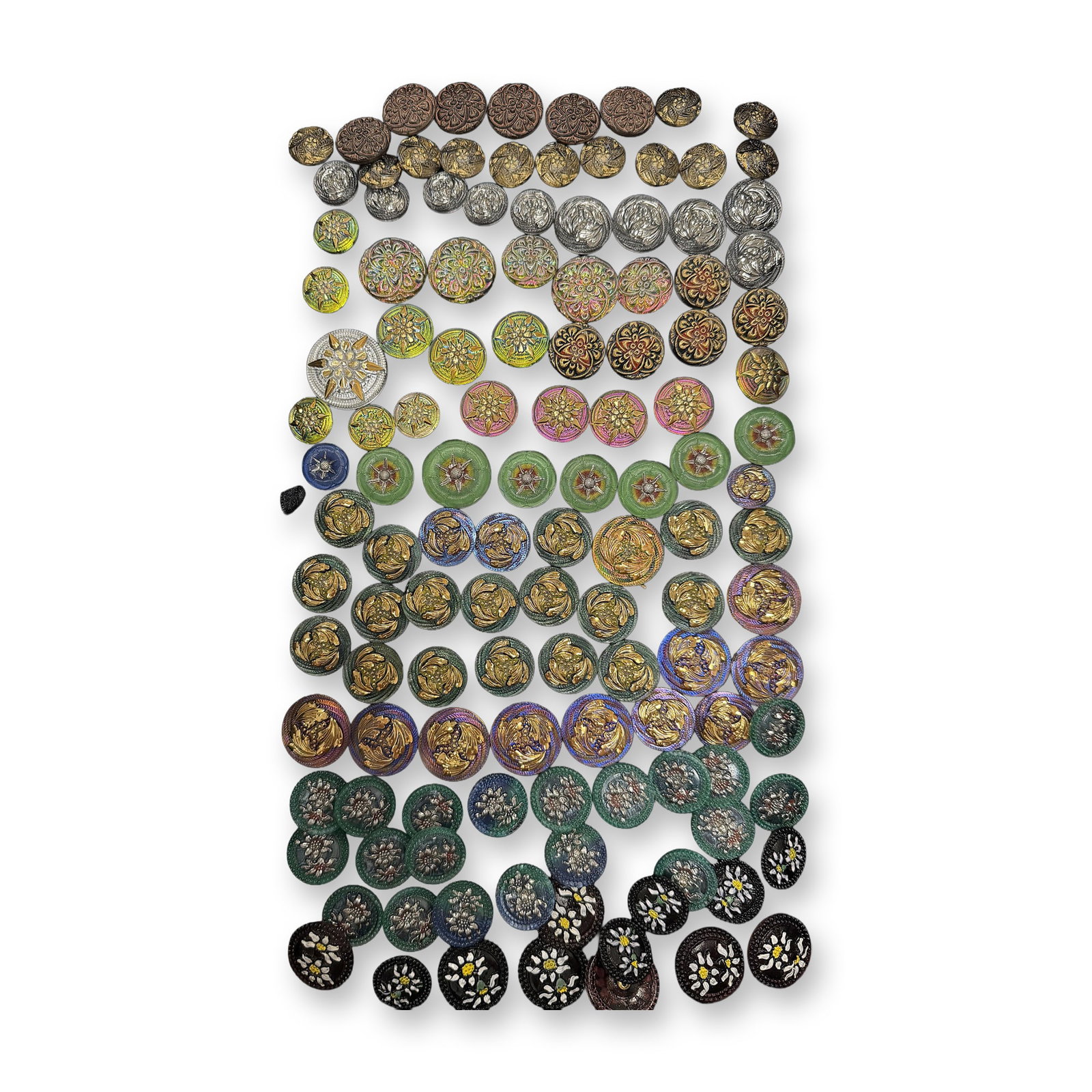 AN ASSORTMENT OF DIVISION THREE GLASS BUTTONS: 122 Medium/Large assorted Czech Republic glass examples. This selection includes a large variety of styles including pictorials and patterns all dating to the late 1990's to early 2000's from the Czec