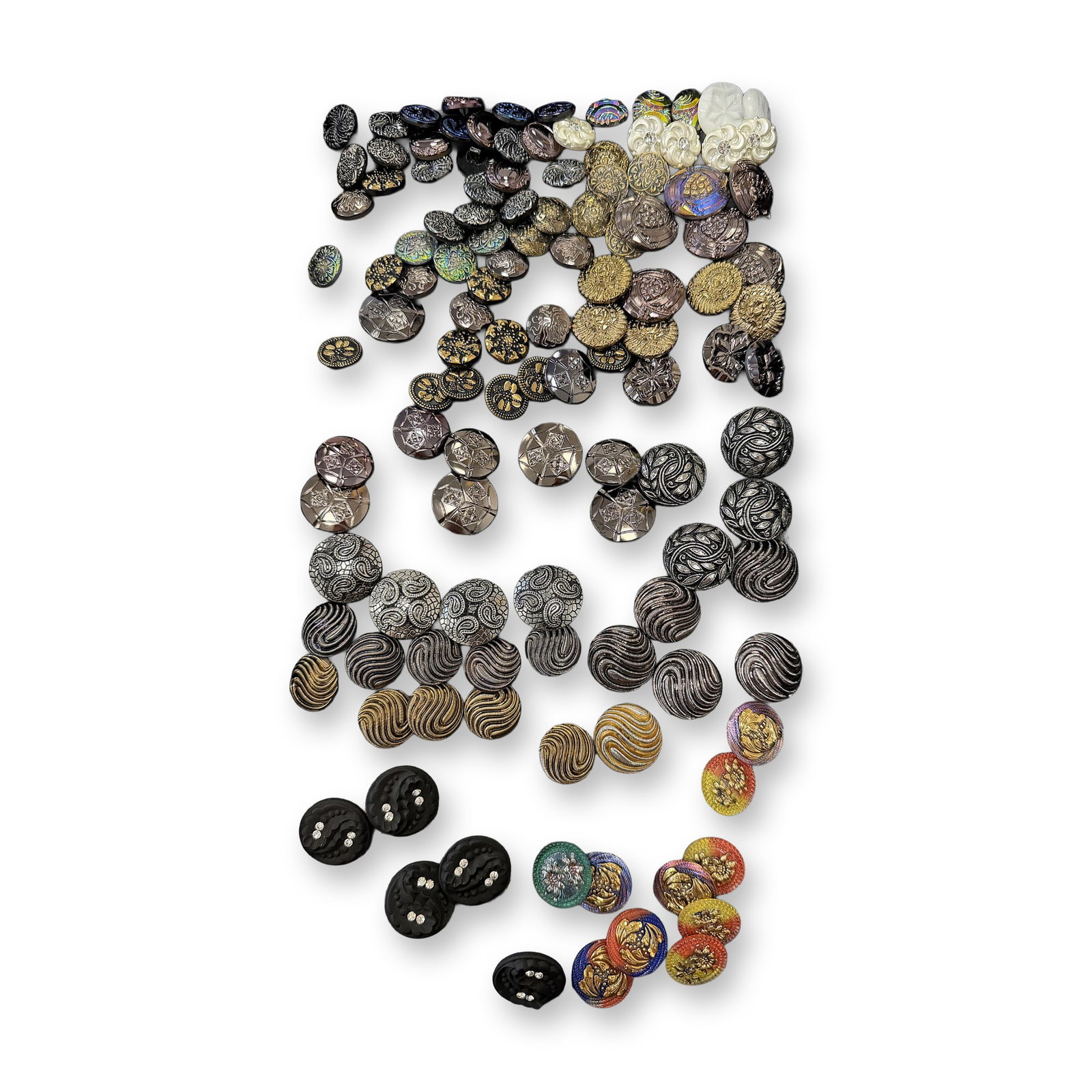 AN ASSORTMENT OF DIVISION THREE GLASS BUTTONS: Over 100 S/M/L assorted Czech Republic glass examples. This selection includes a large variety of styles and patterns all dating to the late 1990's to early 2000's from the Czech Republic. We show you