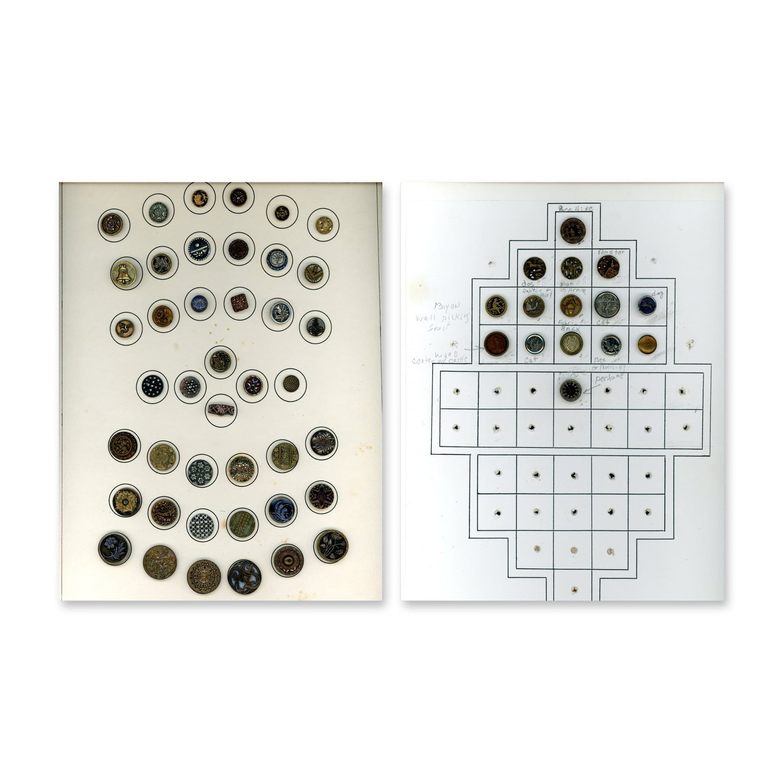 2 CARDS OF DIVISION ONE METAL PICTORILA BUTTONS: 57 Small/Medium 19th century assorted subject matter examples. Here is a nice selection for the collector and the creator/crafter. Lots of nice metal examples. Dimensions: SM=Less than 3/4", Medium=3/