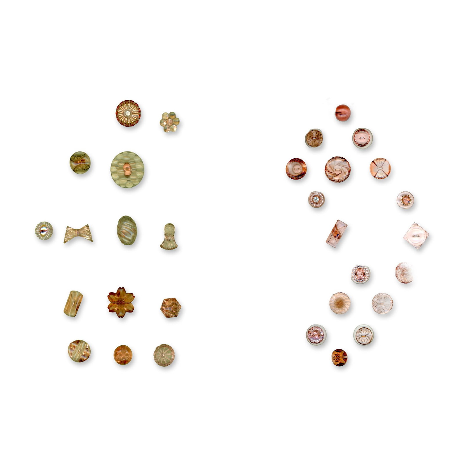 2 CARDS OF DIVISION THREE COLORED GLASS BUTTONS: 50 S/M/L assorted styles specialized to shades of pink. These cards include a vast variety of crystal like transparent/translucent pink glass to include several pictorials and realistics. Nice selecti