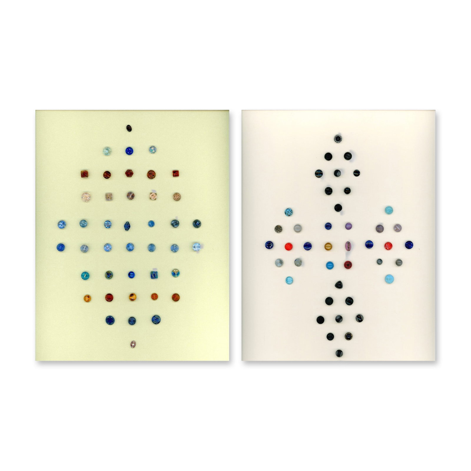 2 CARDS OF GLASS DIMINUTIVE BUTTONS: 84 19th century examples specialized to clear and colored glass. Diminutives are something that have always been desirable among collectors and also very useful to DOLL makers and collectors for the d