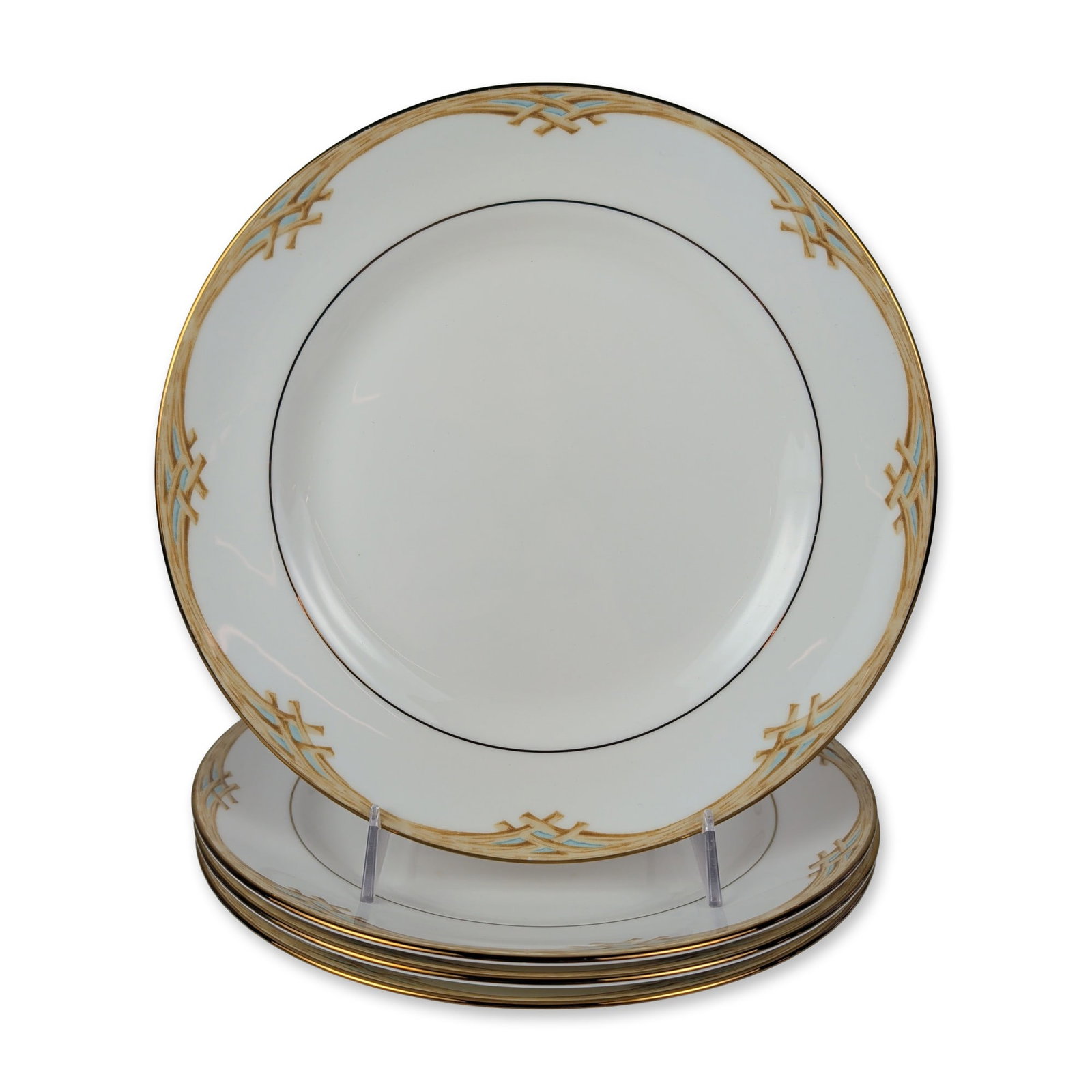 4pc Lenox British Colonial Bamboo Porcelain Plates Set: Lenox American porcelain. Set of plates in the British Colonial Bamboo pattern designed by Chuck Fischer, featuring circular forms with wide rims. The decoration consists of a repeating tan and light 