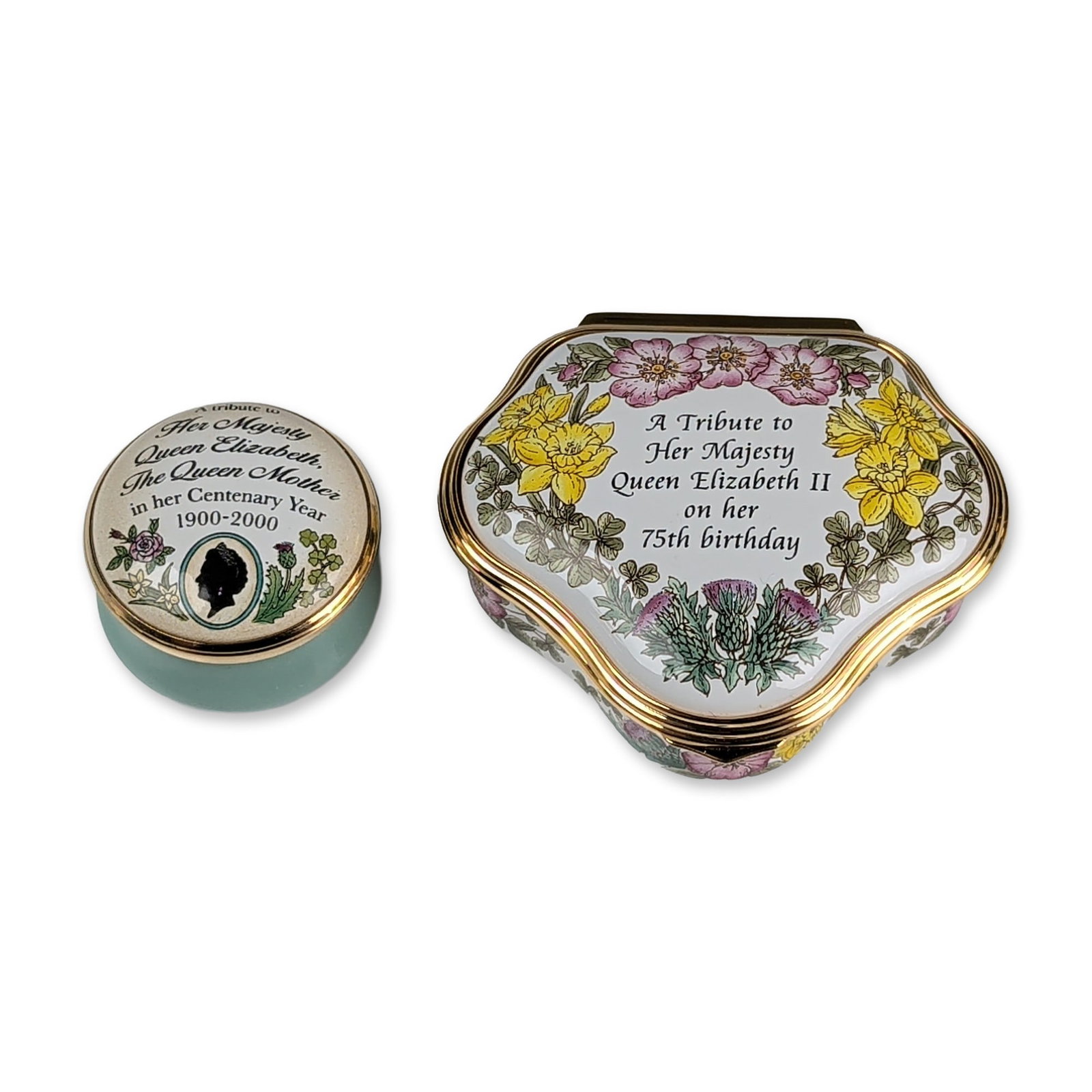 2pc Halcyon Days Royal Commemorative Enamel Boxes: English, circa 2000. Two Halcyon Days commemorative enamel boxes featuring royal themes. The larger quatrefoil box celebrates the 75th birthday of Queen Elizabeth II, featuring a floral border of rose