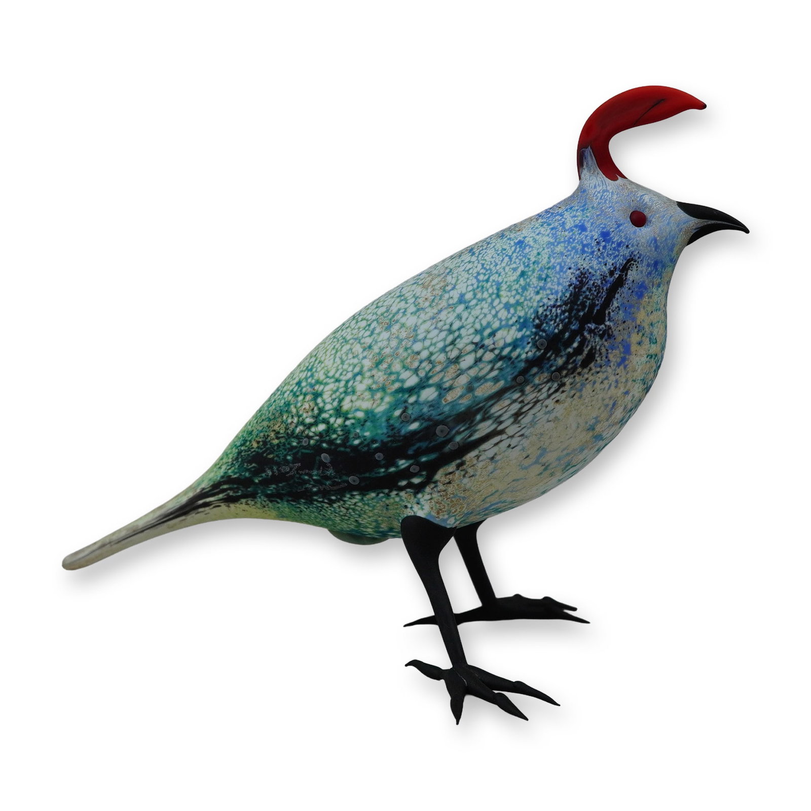 Shane Fero Flameworked Glass Gambel's Quail Bird Figurine: This contemporary flameworked glass bird figurine is the work of artist Shane Fero and stylistically represents a Gambel's Quail. The body is composed of glass featuring a mottled frit or macchia styl