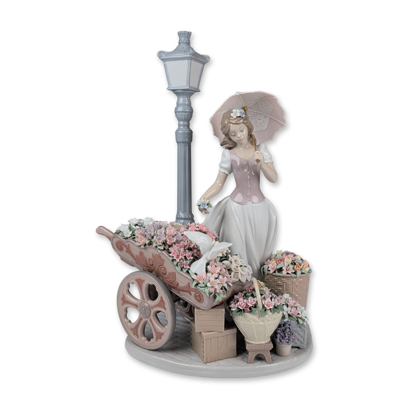 Lladro Porcelain Figurine, Flowers for Everyone 01006809: Lladro. Large polychrome glazed porcelain figurine originally designed by Miguel Angel Santaeulalia. The composition depicts a young woman in late 19th-century attire holding a sprig of flowers and a 