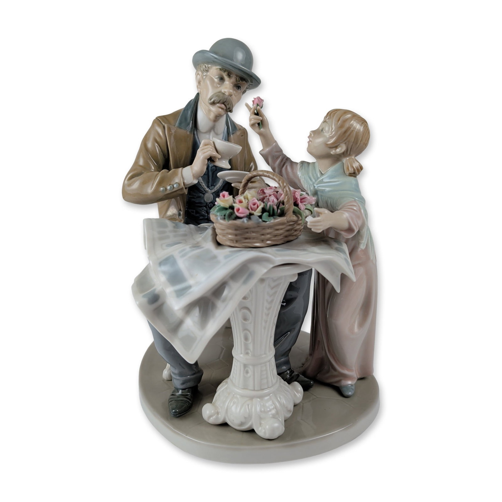 Lladro Little Flower Seller Porcelain Figurine 1005082: Lladro glazed porcelain multi-figure grouping titled Little Flower Seller, also known as Garden Coffee, model number 1005082, sculpted by Salvador Furio. The scene depicts an elderly man in a bowler h