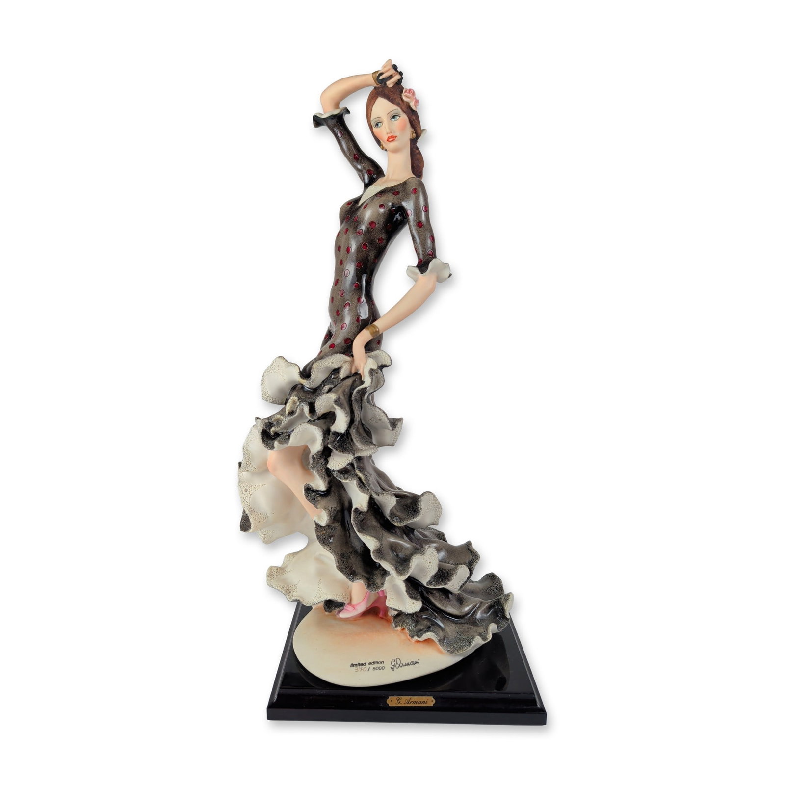 Giuseppe Armani Italian Porcelain Flamenco Dancer Figurine: Giuseppe Armani for Florence Sculture d'Arte. Limited edition glazed porcelain figurine of a flamenco dancer, model 389-C. The figure is depicted in a dynamic backbend pose, wearing a black long-sleev