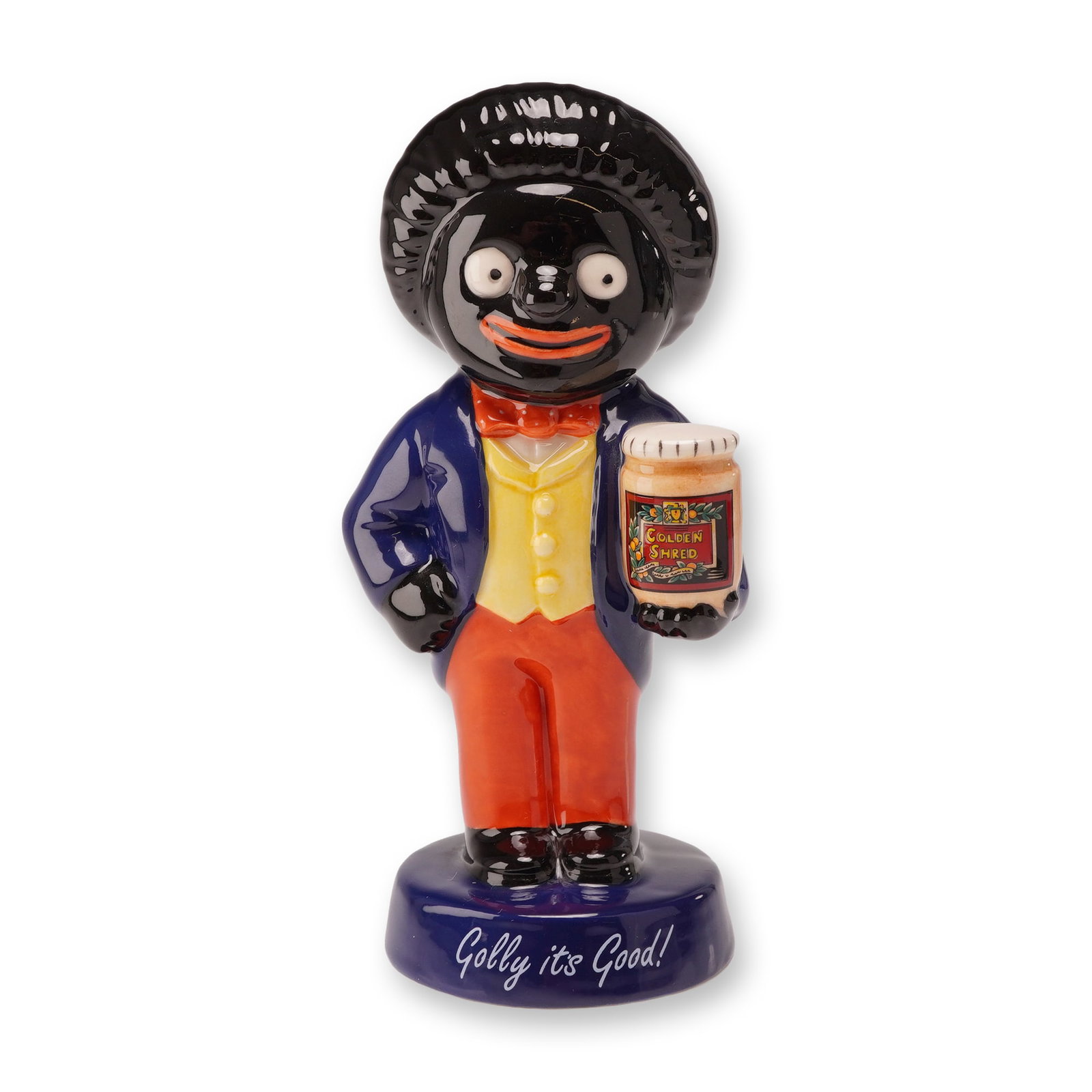 Royal Doulton Advertising Figurine, Golly AC1: During a visit to the United States prior to World War I, John Robertson observed children playing with black rag dolls known as "Gollys" and later adopted the character as a mascot for his jam compan