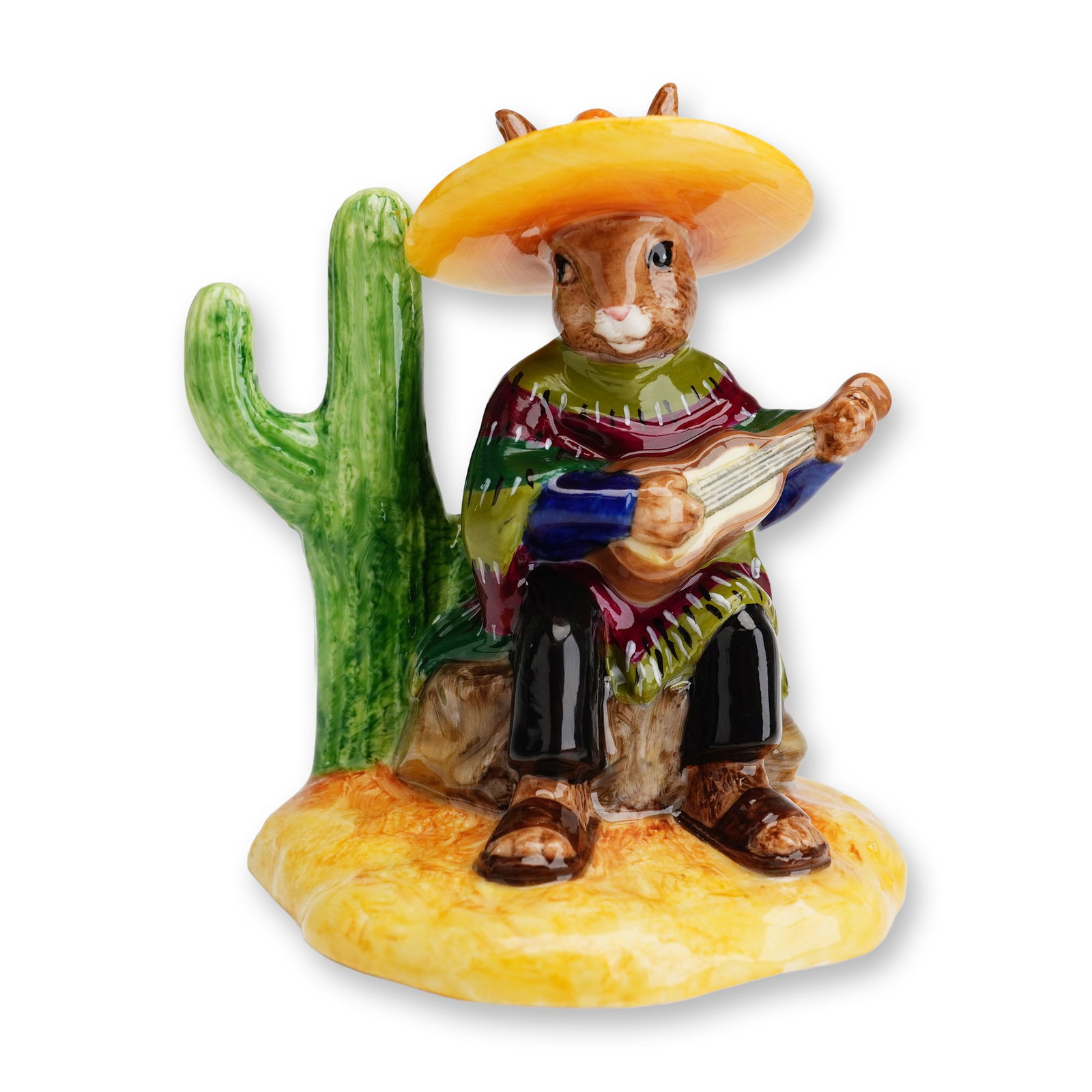 Royal Doulton Bunnykins Studio Sample Figurine, Mexican DB316: This Royal Doulton Bunnykins figurine, titled Mexican Bunnykins (DB316), is a glazed ceramic piece designated as a Studio Sample. The figurine depicts a rabbit dressed in a multicolored striped serape