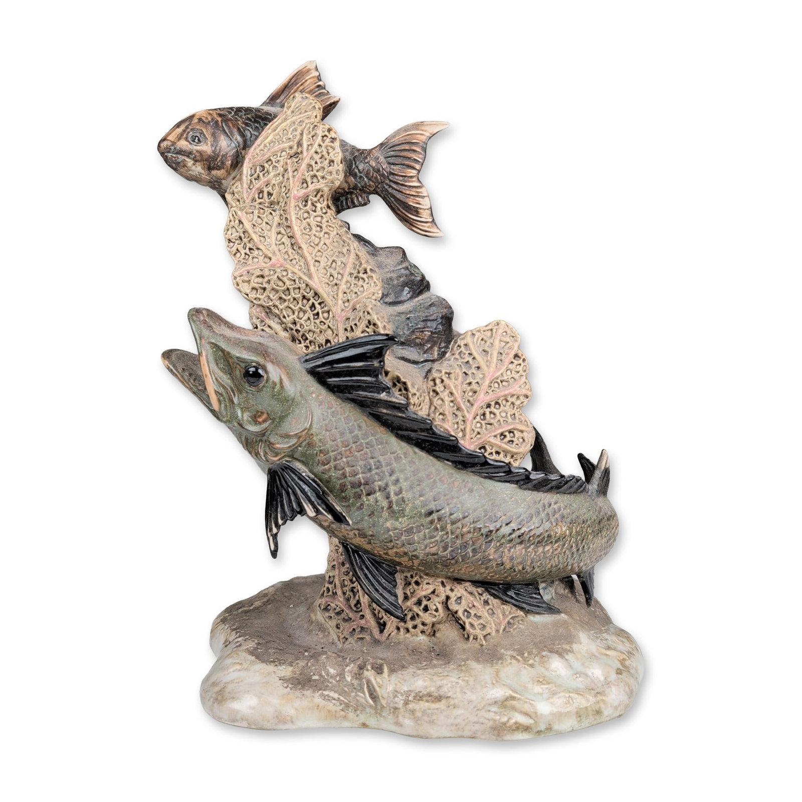 Cobridge Stoneware Trial Fish Sculpture: A stoneware sculpture depicting a large fish swimming through a cream-colored perforated coral structure with pink interior tones, accompanied by a smaller scaled fish. The piece is finished with a mo