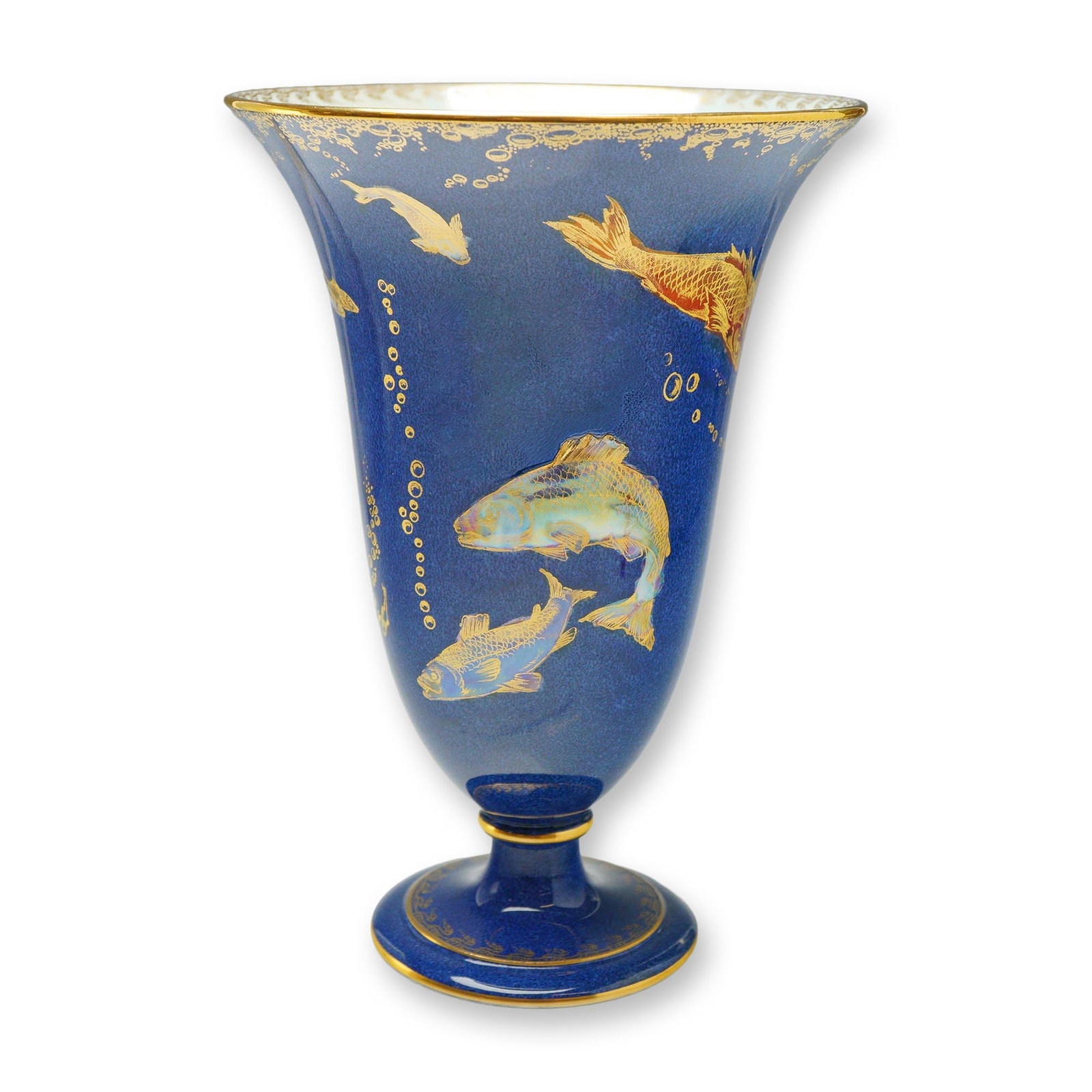Wedgwood Bleu Souffle Lustre Fish Trumpet Vase Z4959: The exterior is decorated with a deep powder blue glaze, enriched with various fish, rising bubbles, and stylized underwater elements rendered in fine gilding and iridescent luster washes. The interio