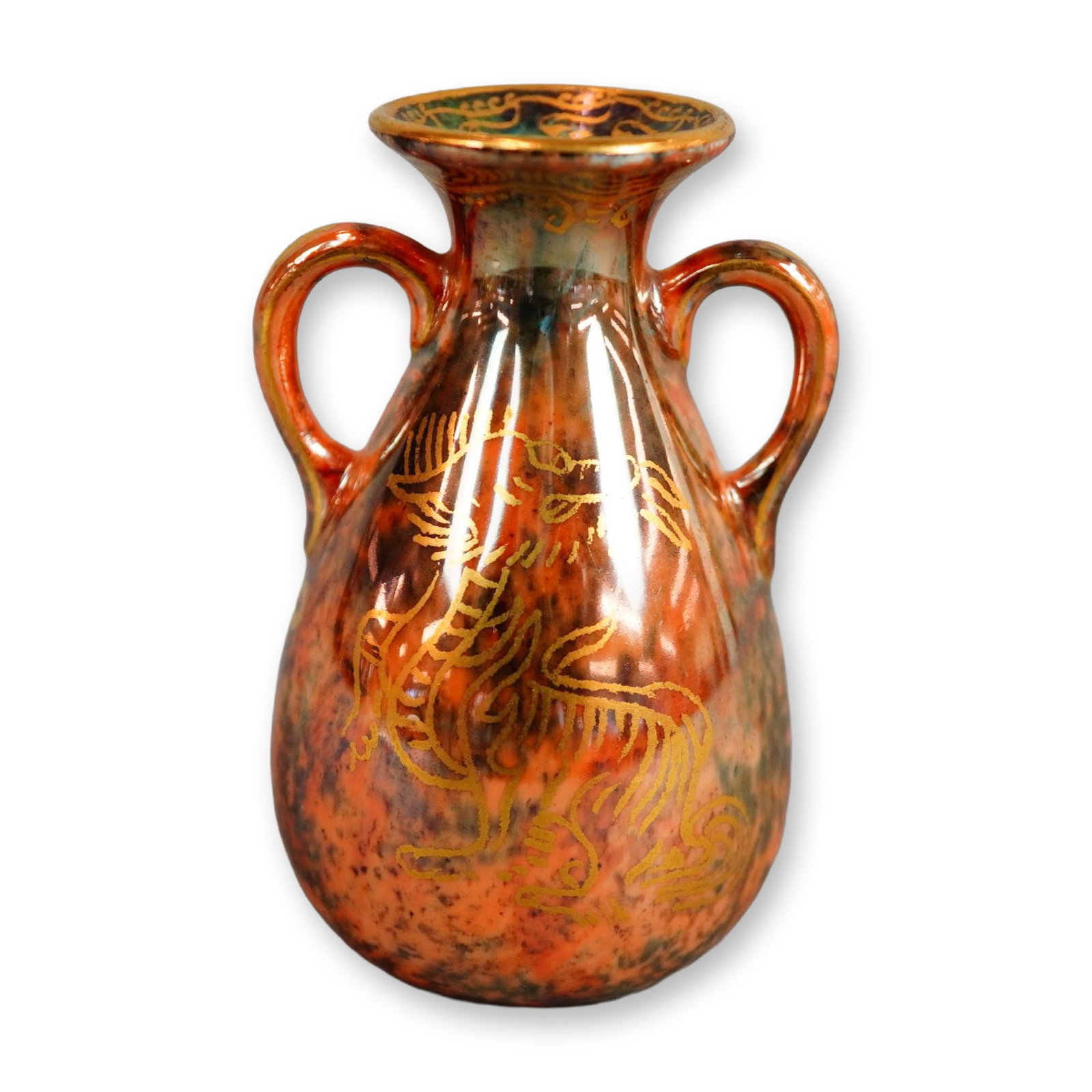 Wedgwood Lustre Mini Double-Handle Creature Motif Vase: Designed by Daisy Makeig-Jones, this miniature vase features an orange lustre finish with dark mottled accent. The exterior depicts two creatures, a small dragon and a feline, outlined in gilt. The ri