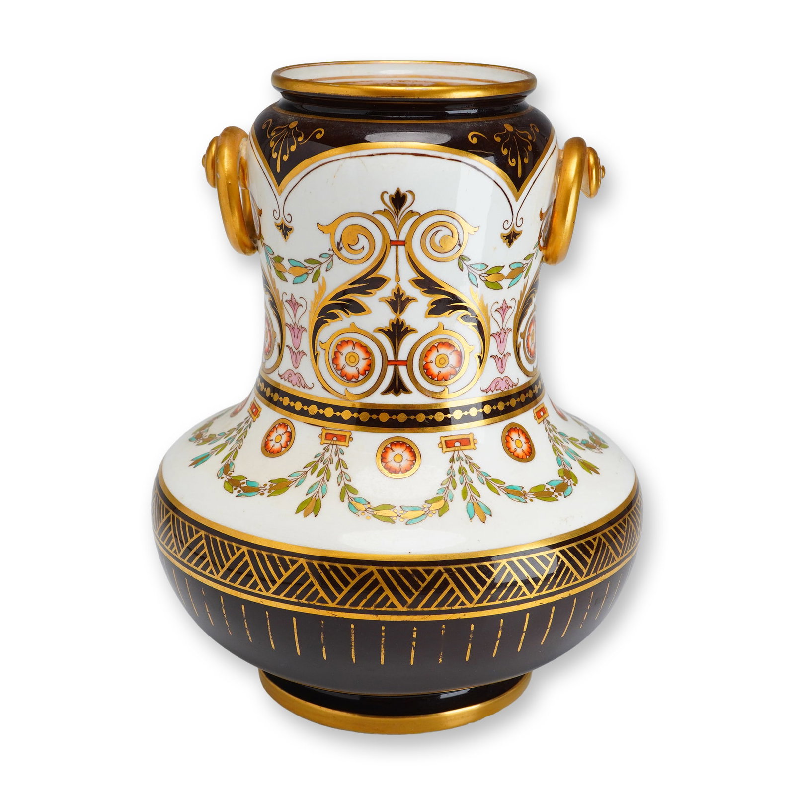 Wedgwood Imari Bone China Renaissance Revival Twin-Handled Vase, ca. 1880: This Wedgwood bone china twin-handled vase is decorated in a Renaissance Revival style with Imari-inspired motifs, dating to approximately 1880. The vessel features a bulbous lower body tapering to a 