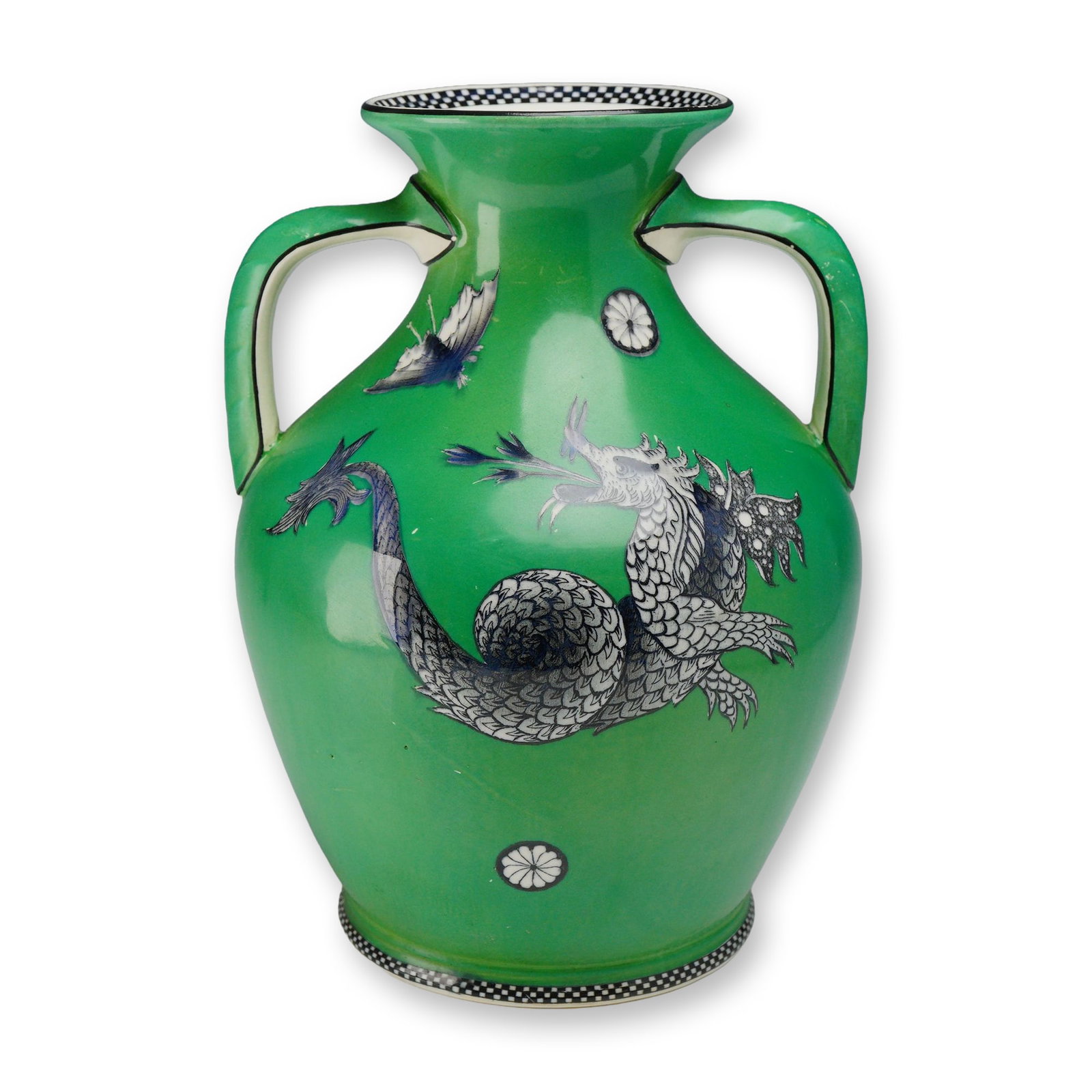 Wedgwood Asian-Inspired Line Double Handled Dragon Vase: A Wedgwood Asian-inspired line ceramic vase featuring an ovoid-bodied form with a flared neck and rim, supported by a circular foot. Two loop handles connect the neck to the shoulder. The exterior is 