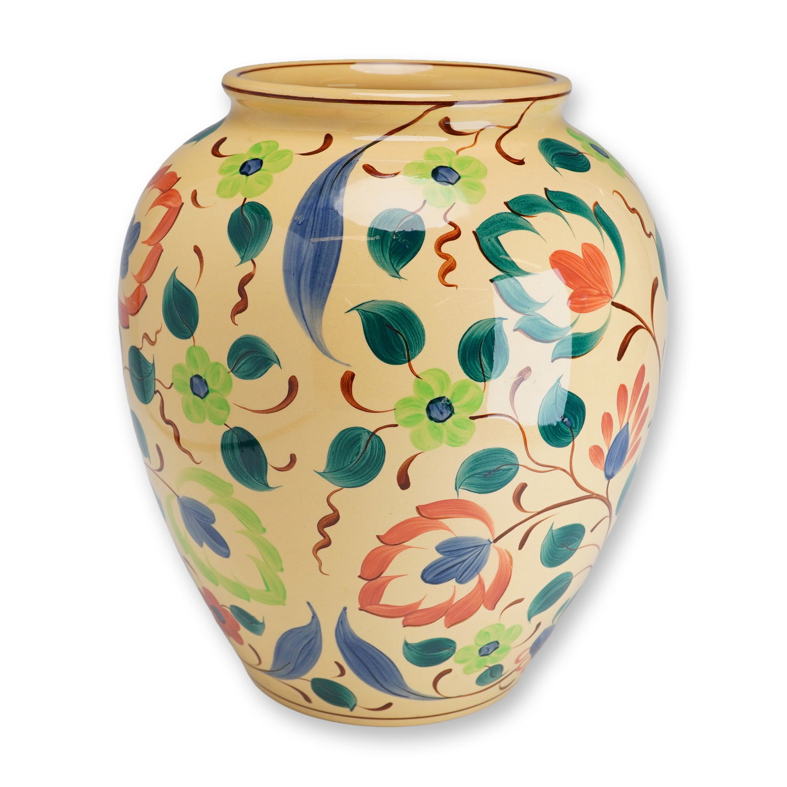 Maureen Batkin for Wedgwood Hand Painted Art Deco Earthenware Floral Vase ca 1930: A large earthenware vase produced by Wedgwood, dating to approximately 1930. The vessel features a bulbous ovoid form with a short, slightly flaring neck and a flat rim. The exterior is decorated with