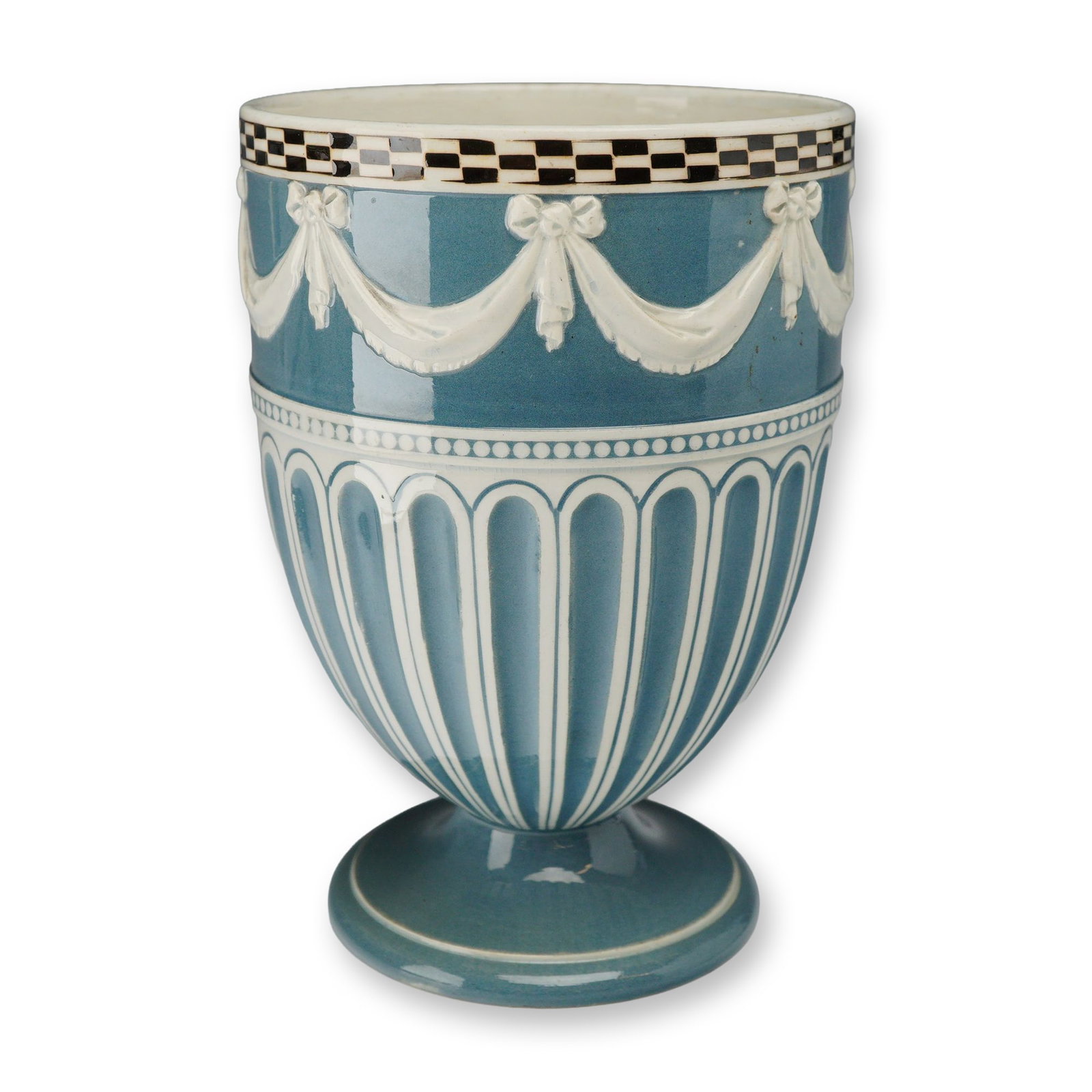 Wedgwood Pearlware Neoclassical Bough Pot Vase: A Wedgwood pearlware glazed earthenware bough pot vase. This footed vessel features a deep blue ground decorated with white sprigged relief in a Neoclassical style. The upper register is adorned with 