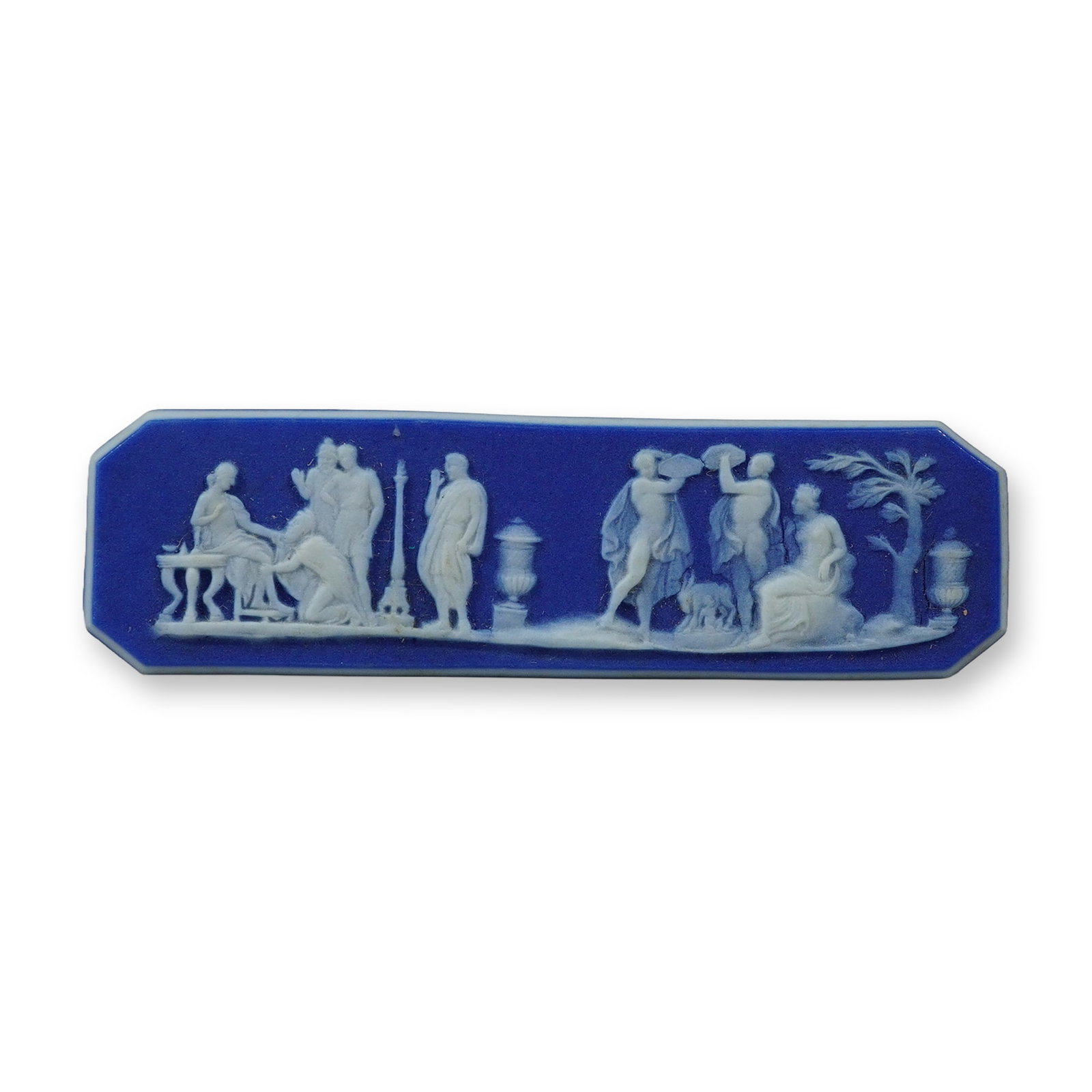 Wedgwood Blue Jasperware Miniature Rectangular Medallion: A Wedgwood jasperware medallion with a dark cobalt blue ground and applied white sprigged relief decoration. The rectangular form with beveled corners shows a classical frieze scene with multiple figu