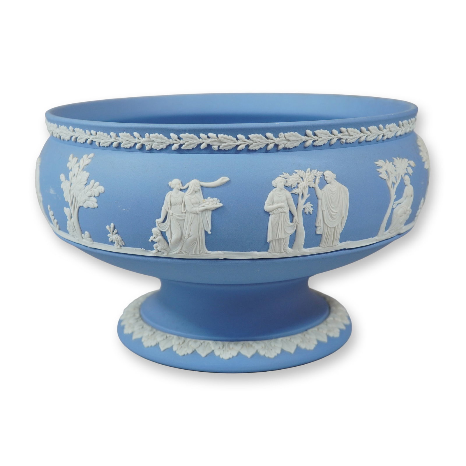 Wedgwood Pale Blue Jasperware Footed Imperial Bowl: This footed centerpiece bowl is a Jasperware stoneware piece from Wedgwood. The bowl features a pale blue dip ground with white sprigged Neoclassical bas-relief decoration. The central frieze depicts 