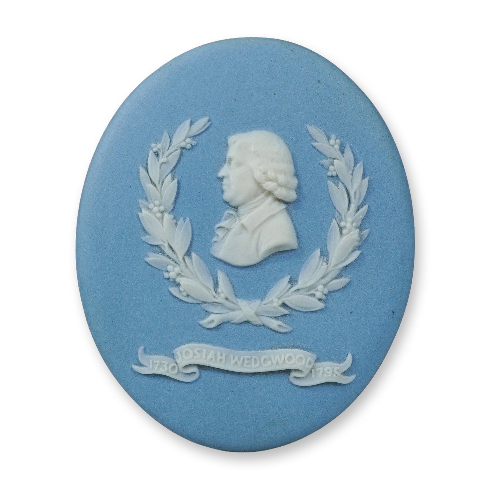 Wedgwood Light Blue and White Jasperware Josiah Wedgwood Portrait Medallion: This is a Wedgwood light blue and white jasperware commemorative portrait medallion. The oval stoneware medallion features sprigged relief decoration on both the obverse and reverse. The obverse displ