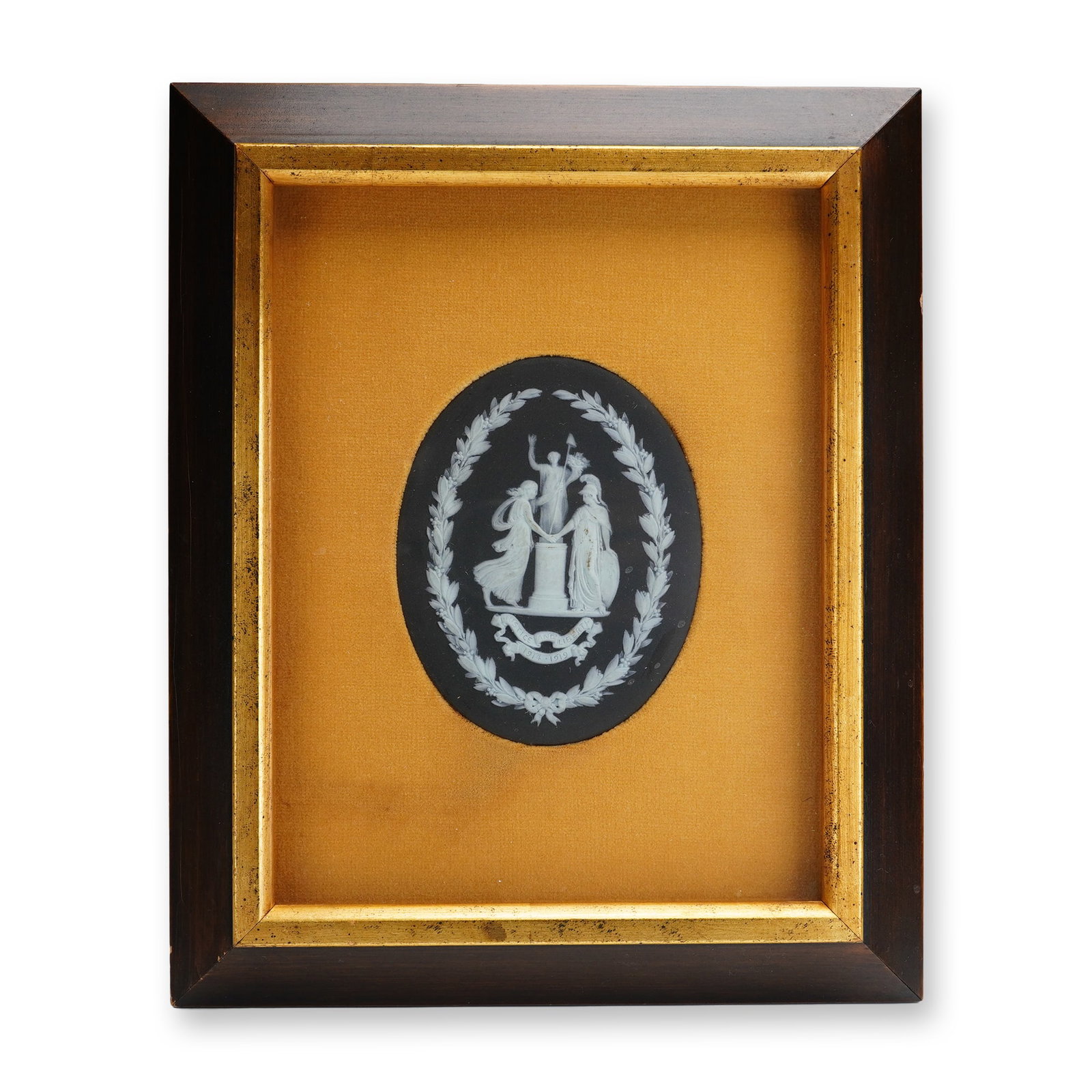 Wedgwood WWI Jasperware Plaque 'Justice and Liberty' (Inscribed): Wedgwood. World War I regimental honor roll peace medallion in black dip Jasperware with white bas-relief decoration. The central oval medallion features three allegorical figures representing Justice