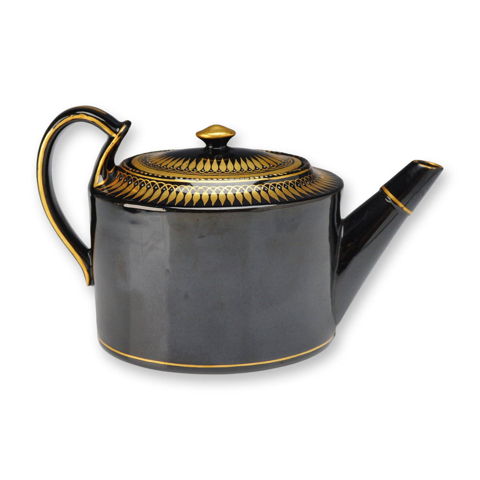 Wedgwood Black Teapot with Gilt Decoration, circa 1885: This Wedgwood black teapot features a glazed finish and dates to circa 1885. The piece is designed in a Neo-classical oval form, characterized by a straight-sided body, a short upward-pointing spout, 