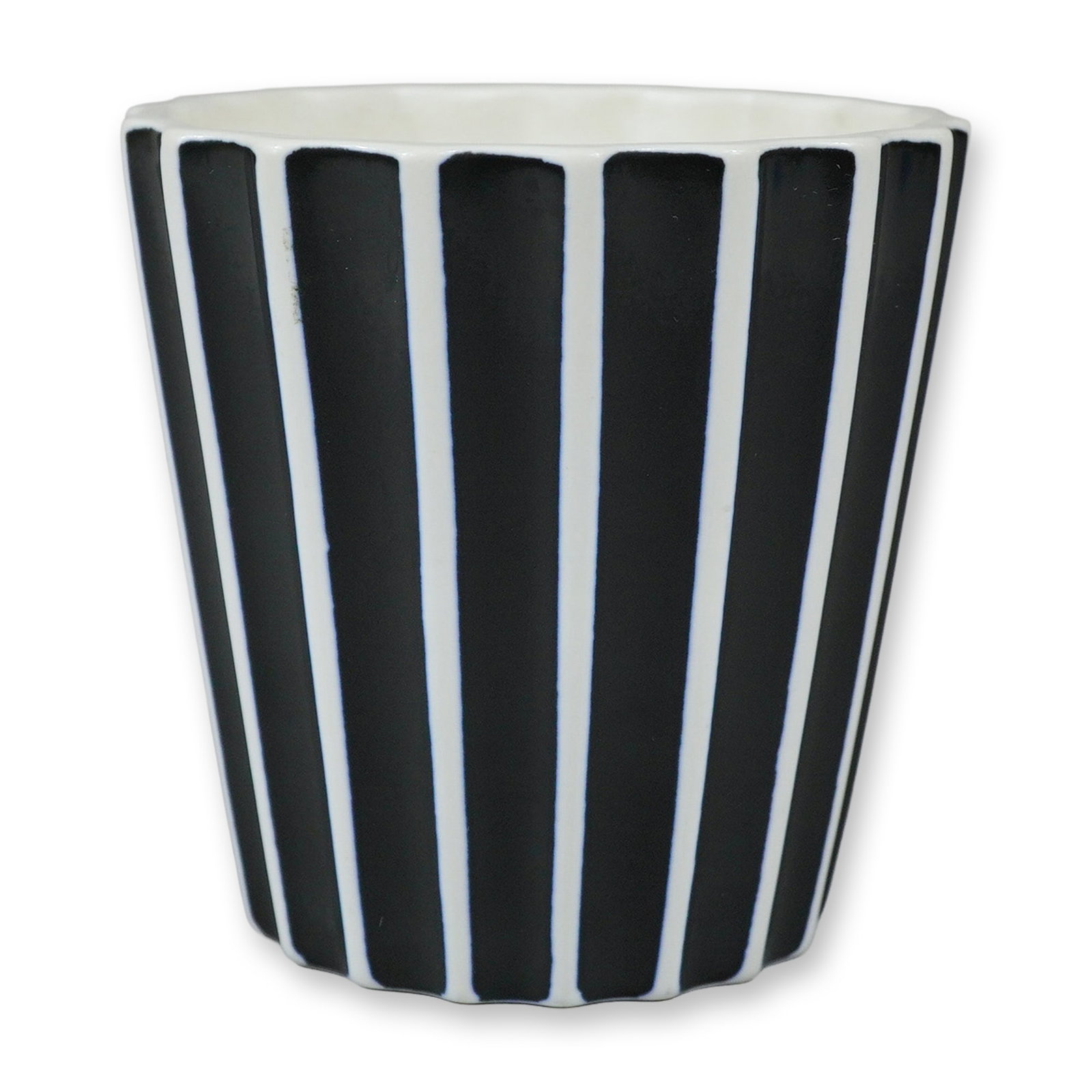 Wedgwood Norman Wilson Black and White Striped Ceramic Cup: This ceramic cup was manufactured by the English pottery firm Wedgwood and designed by Norman Wilson. The piece is characterized by a tapered, fluted form with high-contrast vertical black stripes aga
