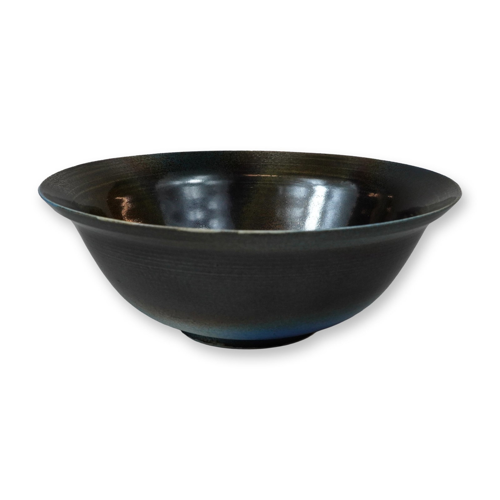 Wedgwood Cobalt Blue Glazed Ceramic Bowl signed by Elwyn James: A mid-century modern ceramic bowl by talented and popular ceramic artist, Elwyn James (1943-77), for Wedgwood. The piece features a thin-walled, shallow form with a wide, flared rim and a small, ungla