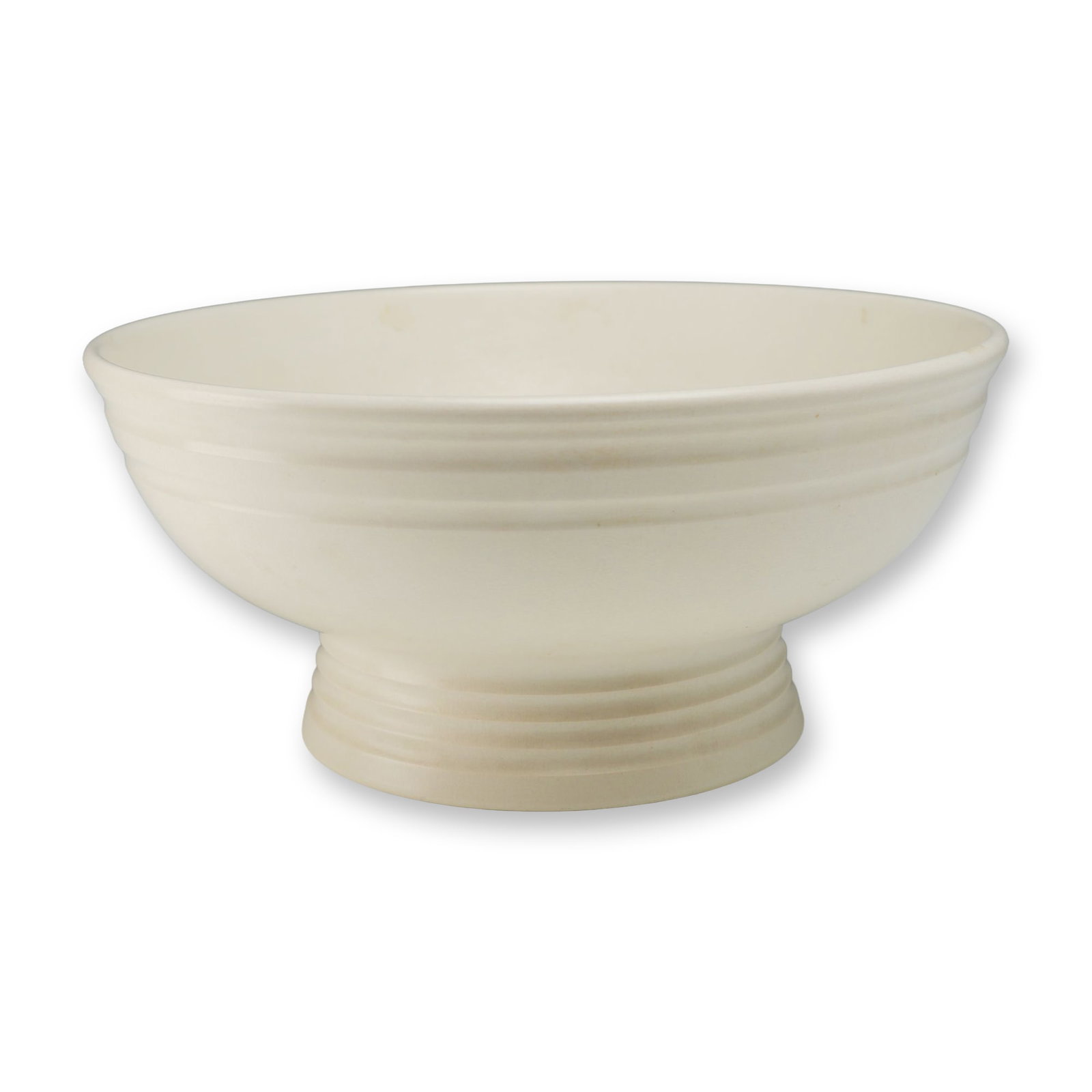 Keith Murray for Wedgwood Art Deco Earthenware Footed Bowl: This footed bowl was designed by Keith Murray for Wedgwood, England, circa 1930s. The earthenware vessel features a wide circular body with a flared rim, supported by a stepped, flared foot. The exter