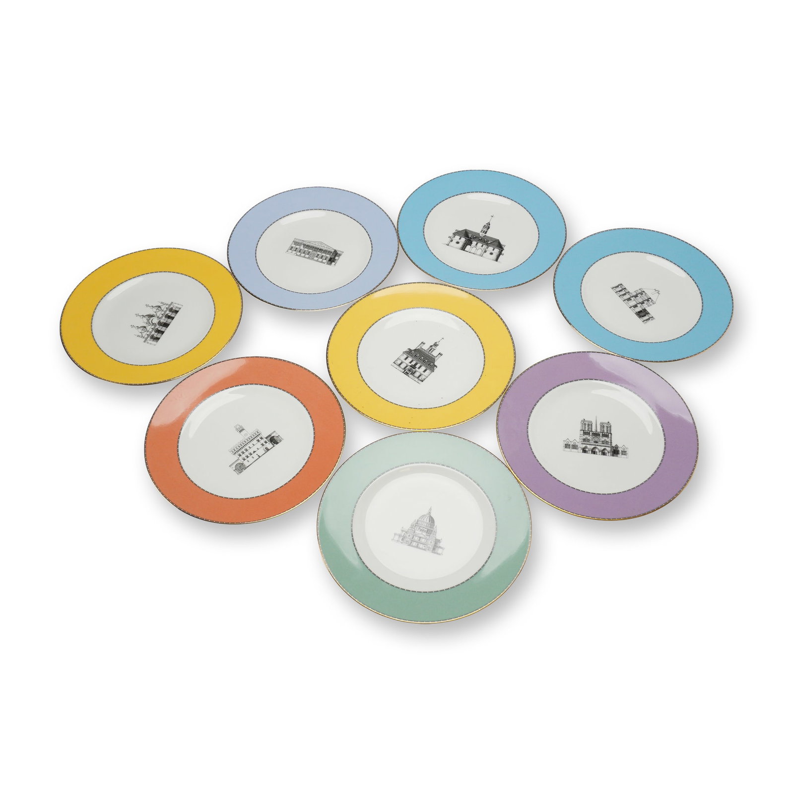 A Set of Eight Wedgwood Bone China Dessert Plates from the Grand Tour Collection: A set of eight fine bone china dessert plates from the Wedgwood Grand Tour Collection, produced in England in 1993. This set features provenance from the Rubin Collection, as indicated by circular sil