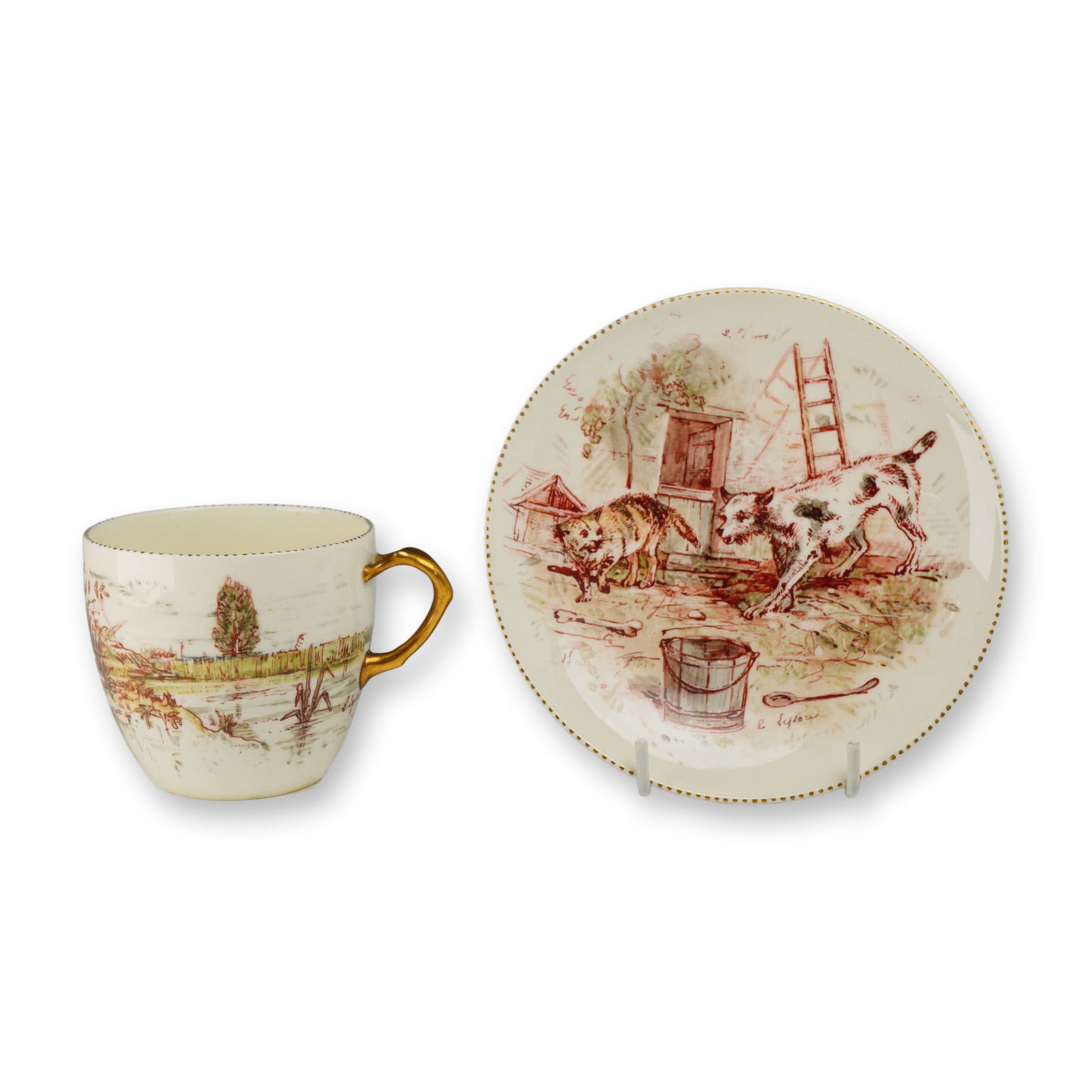2pc Wedgwood Animal Theme Teacup and Saucer: This teacup and saucer are crafted from Wedgwood fine earthenware, known as Queen's Ware. Both pieces feature hand-painted naturalistic scenes in a delicate, sketch-like style using a palette of