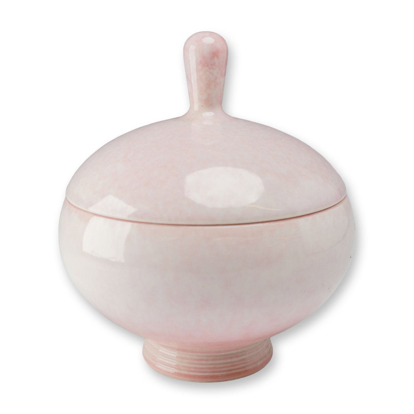Norman Wilson for Wedgwood Unique Ware Pink Mottled Glaze Pedestal Bowl and Lid: A Norman Wilson for Wedgwood Unique Ware ceramic lidded pedestal bowl. This piece features a compressed globular body supported by a short, ringed pedestal foot. The matching domed lid is topped with 
