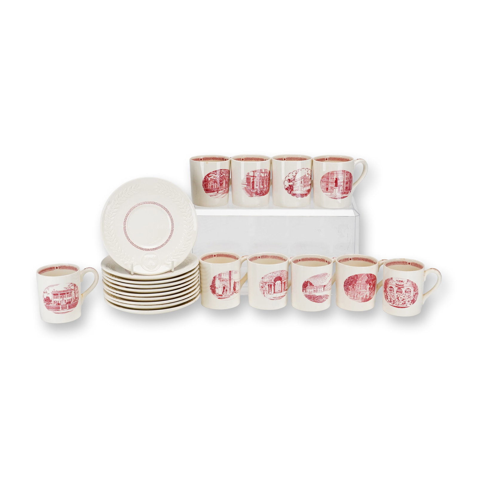 20pc Wedgwood University of Pennsylvania Bicentennial Mugs and Saucers: This lot features a Wedgwood Queen's Ware commemorative University of Pennsylvania Bicentennial (1740??"1940) service consisting of ten cups and ten saucers decorated with red transfer-printed designs