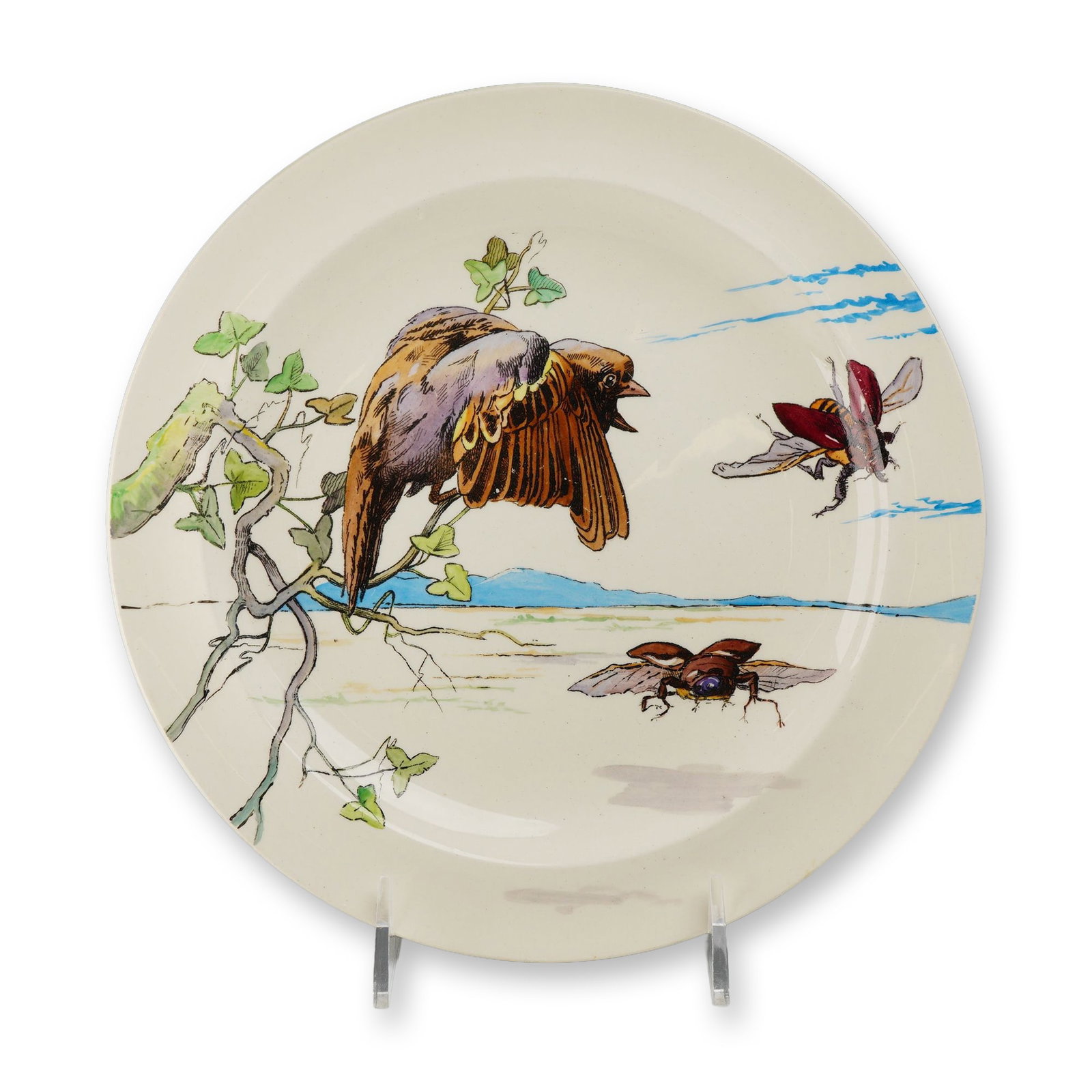 Wedgwood Borgen & Co. Fine Earthenware Plate Service: A late 19th-century fine earthenware plate decorated in a sophisticated Japonisme style with hand-painted polychrome enamels. The asymmetrical composition features a detailed bird with brown and gray 