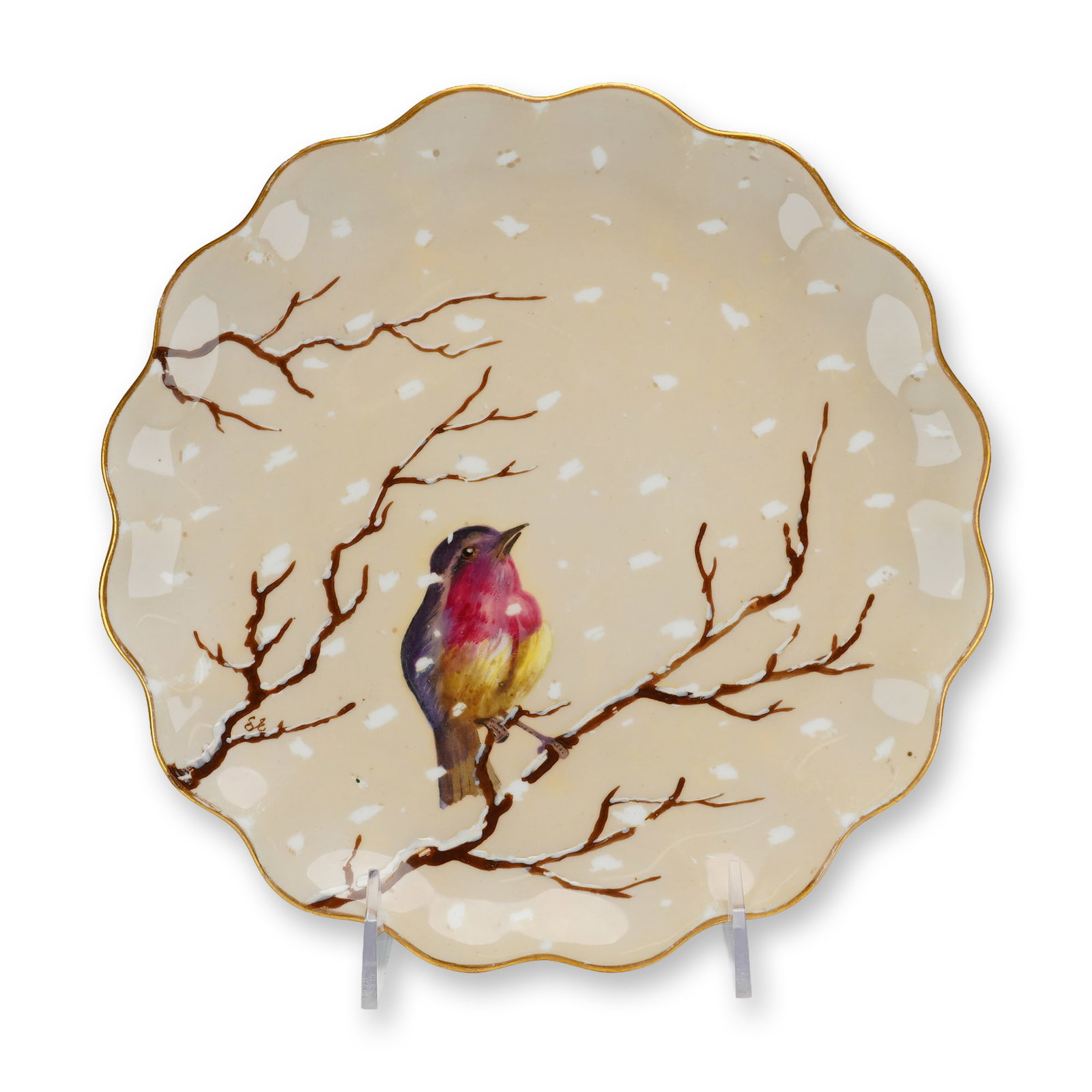 Wedgwood Hand Painted Porcelain Cabinet Winter Bird Plate: This hand-painted Wedgwood porcelain cabinet plate, produced circa 1885, features a naturalistic winter scene. The circular plate has a scalloped edge with a thin gilt rim. The central decoration depi
