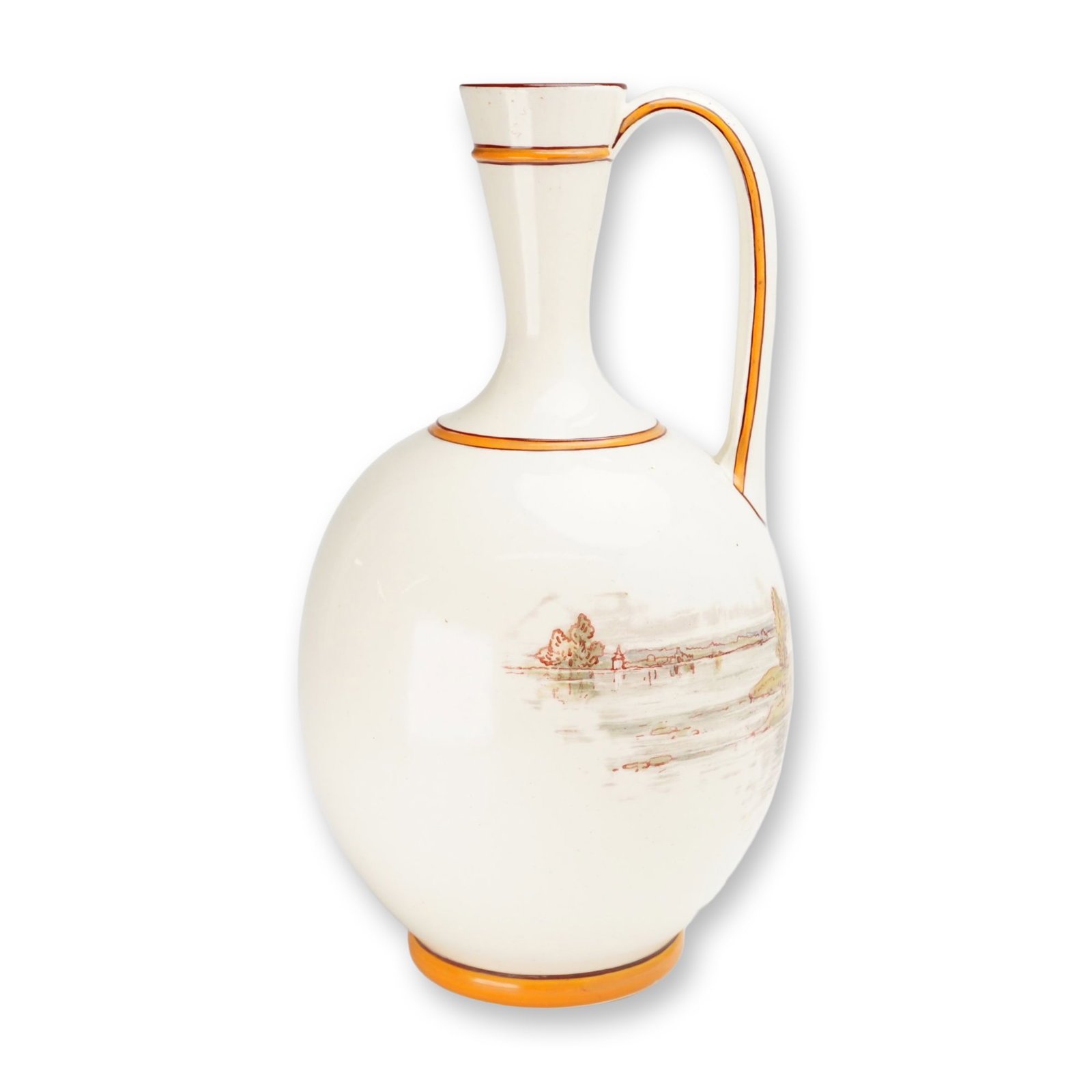 Wedgwood Queen's Ware Ceramic Ewer Hand-Painted by Emile Lessore: This Wedgwood Queen's Ware ceramic ewer is hand-painted by artist Emile Lessore. The vessel is constructed with a globular body, a slender flaring neck, and a high-arched handle. The exterior features