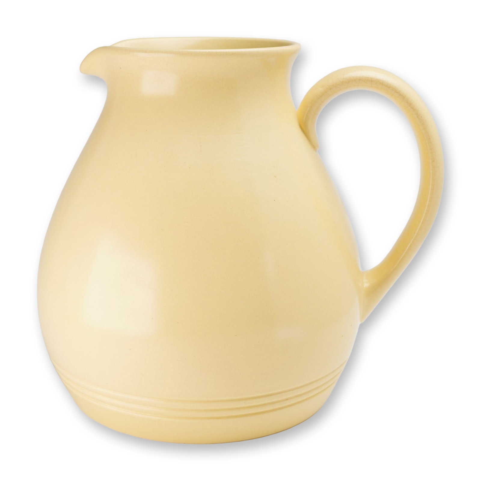 Keith Murray for Wedgwood Art Deco Straw Yellow Matte Glaze Pitcher: This ceramic pitcher was designed by architect Keith Murray for Wedgwood and features a bulbous body that tapers to a short, flared neck with a small pinched pouring spout. The piece is finished in a 