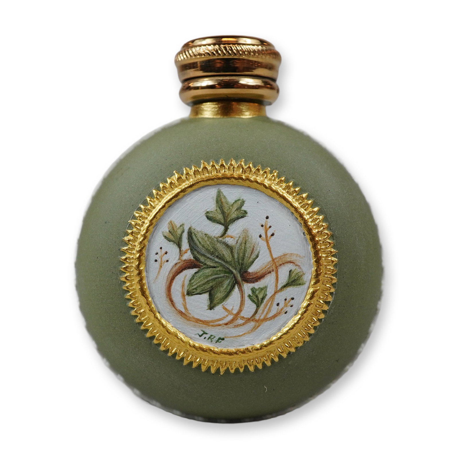 Miniature Sage Green Jasperware Style Scent Bottle with Hand-Painted Medallion Signed JRF and (1 of 4)