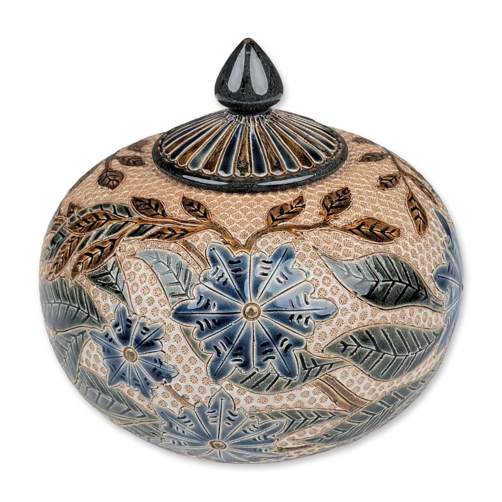 Doulton Lambeth by Louisa Davis Stoneware Floral Motif Lidded Jar: Doulton Lambeth salt glazed stoneware lidded jar, dated 1878. The ovoid vessel features an Aesthetic Movement design with hand-decorated stylized flowers and elongated leaves in cobalt blue, celadon, 