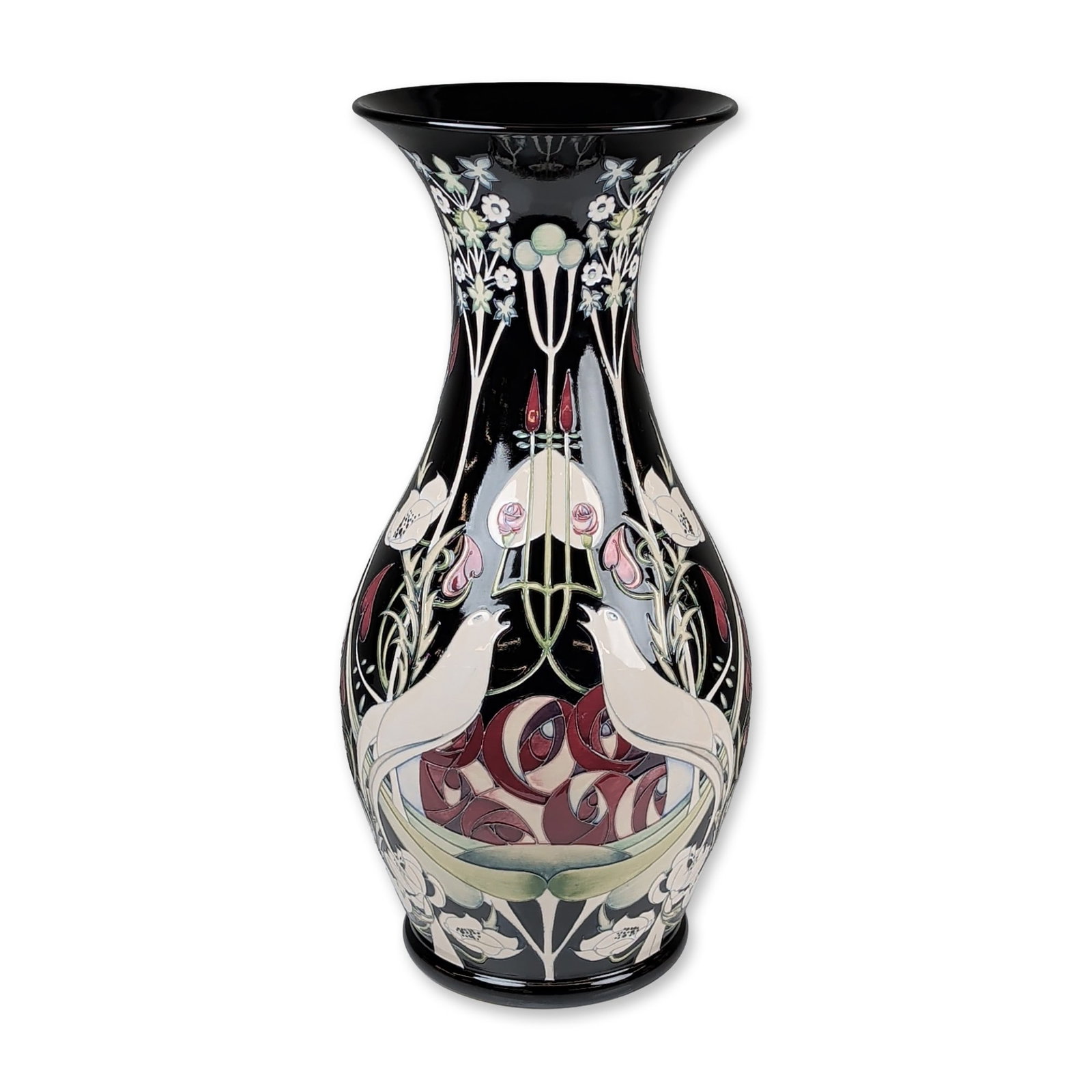 Moorcroft Pottery by Nicola Slaney Large Trial Vase, Talwin: Moorcroft pottery vase in the Prestige Talwin design by Nicola Slaney, inspired by the work of Glasgow School artist Talwin Morris. The elongated trumpet form features a bulbous base and flared rim, c