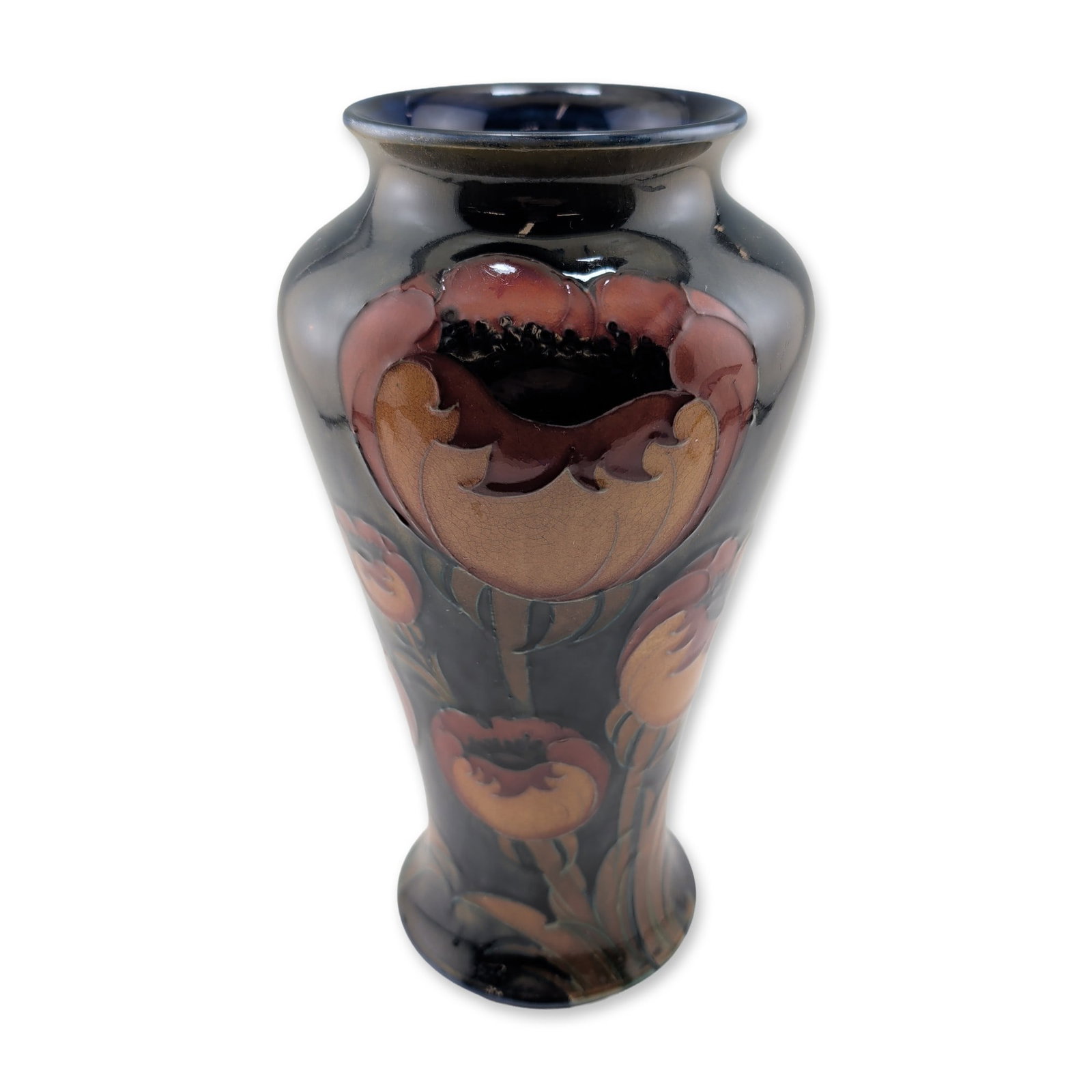 Moorcroft Pottery Big Poppy On Ochre Large Vase: Featuring tube-lined floral decoration. The design displays large, stylized poppy blossoms in shades of burgundy, ochre, and dusky rose set against a dark navy blue ground. The tapered form includes a