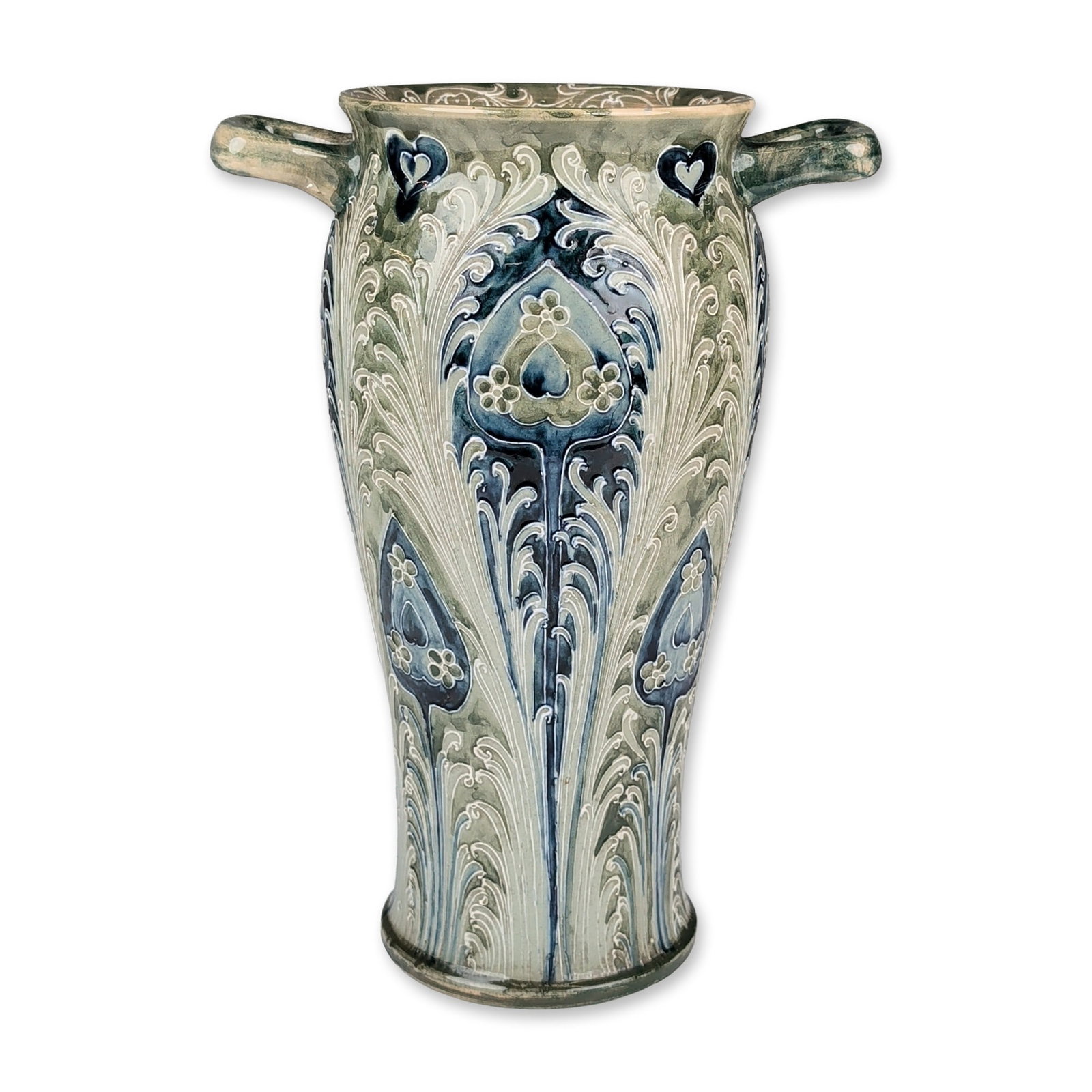 Moorcroft Macintyre Art Nouveau Florian Ware Vase: Art Nouveau James Macintyre and Co. Florian Ware earthenware vase designed by William Moorcroft, circa 1900. Tapered body with flared rim and two loop handles, decorated with tube-lined motifs of styl
