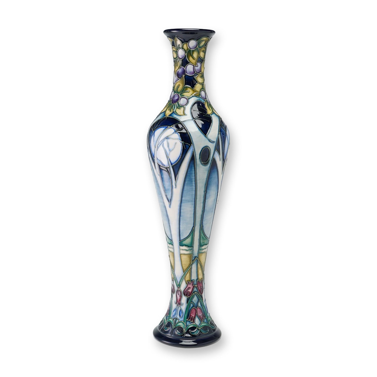 Moorcroft Pottery by Rachel Bishop Trial Vase, Broomy Wood: The form is a tall, slender vase with a flared neck and an elongated body that widens at the shoulder before tapering to a circular pedestal base. The decoration is executed using the hand-applied tub