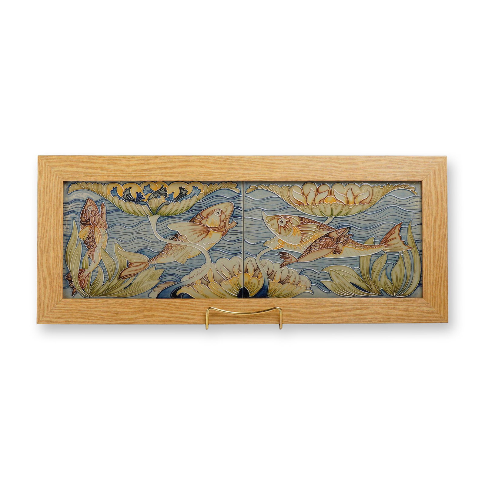 Moorcroft Pottery Double Take Trial Two-Tile Framed Panel: A Moorcroft Pottery tubelined earthenware two-tile panel artwork in the Double Take pattern. This trial piece features a horizontal diptych composition depicting five fish swimming through an aquatic 