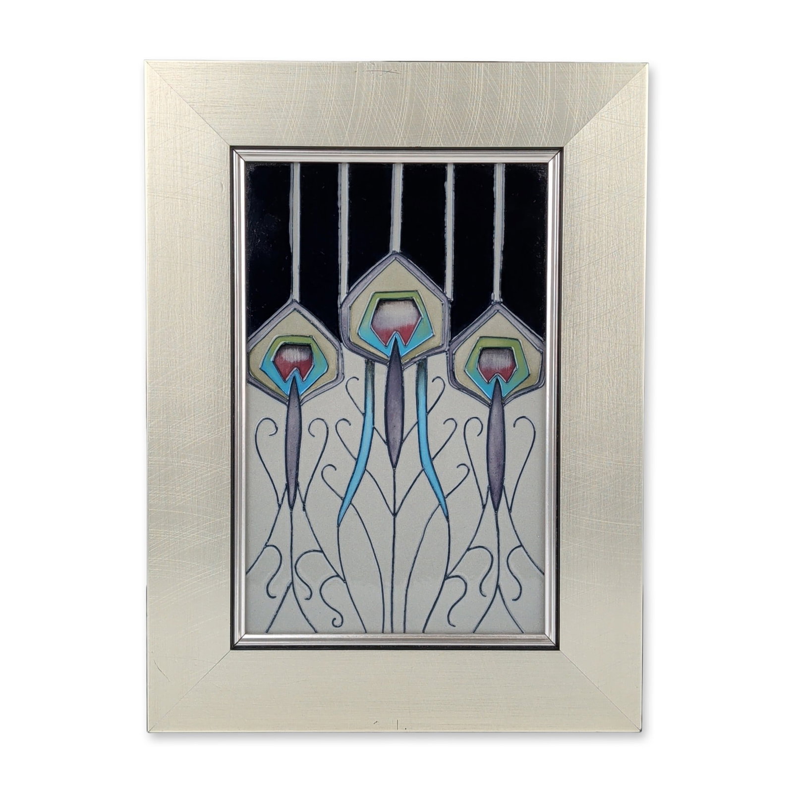 Moorcroft Pottery by Nicola Slaney Framed Art Nouveau Tile: Rectangular ceramic tile featuring a stylized peacock feather design executed with tube-lined decoration and polychrome glazes in red, green, blue, and purple. The composition is set against a vertica